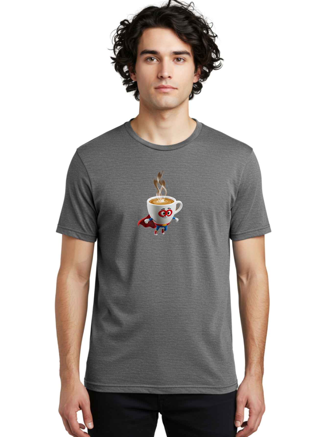 Coffee-Cup-Superhero Men'S Graphic Tee, 100% Cotton, Comfortable Casual Summer Wear, Machine Washable, Cartoon Coffee Cup, Superhero Character, Steaming Hot Coffee, Comic Style, Playful Design, Coffee Lover, Morning Motivation, Funny Artwork, Bab798