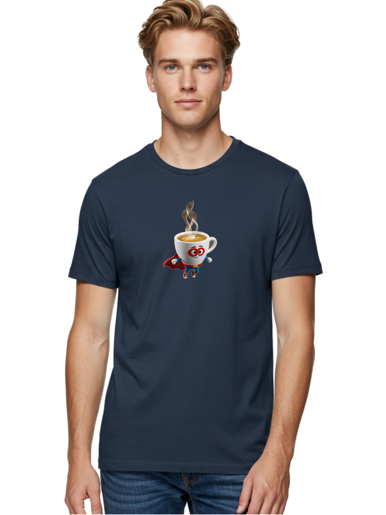 Coffee-Cup-Superhero Men'S Graphic Tee, 100% Cotton, Comfortable Casual Summer Wear, Machine Washable, Cartoon Coffee Cup, Superhero Character, Steaming Hot Coffee, Comic Style, Playful Design, Coffee Lover, Morning Motivation, Funny Artwork, Bab798