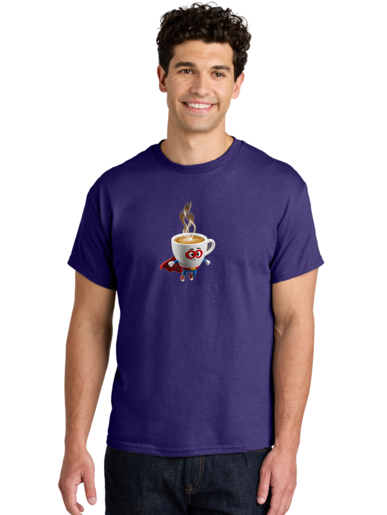 Coffee-Cup-Superhero Men'S Graphic Tee, 100% Cotton, Comfortable Casual Summer Wear, Machine Washable, Cartoon Coffee Cup, Superhero Character, Steaming Hot Coffee, Comic Style, Playful Design, Coffee Lover, Morning Motivation, Funny Artwork, Bab798