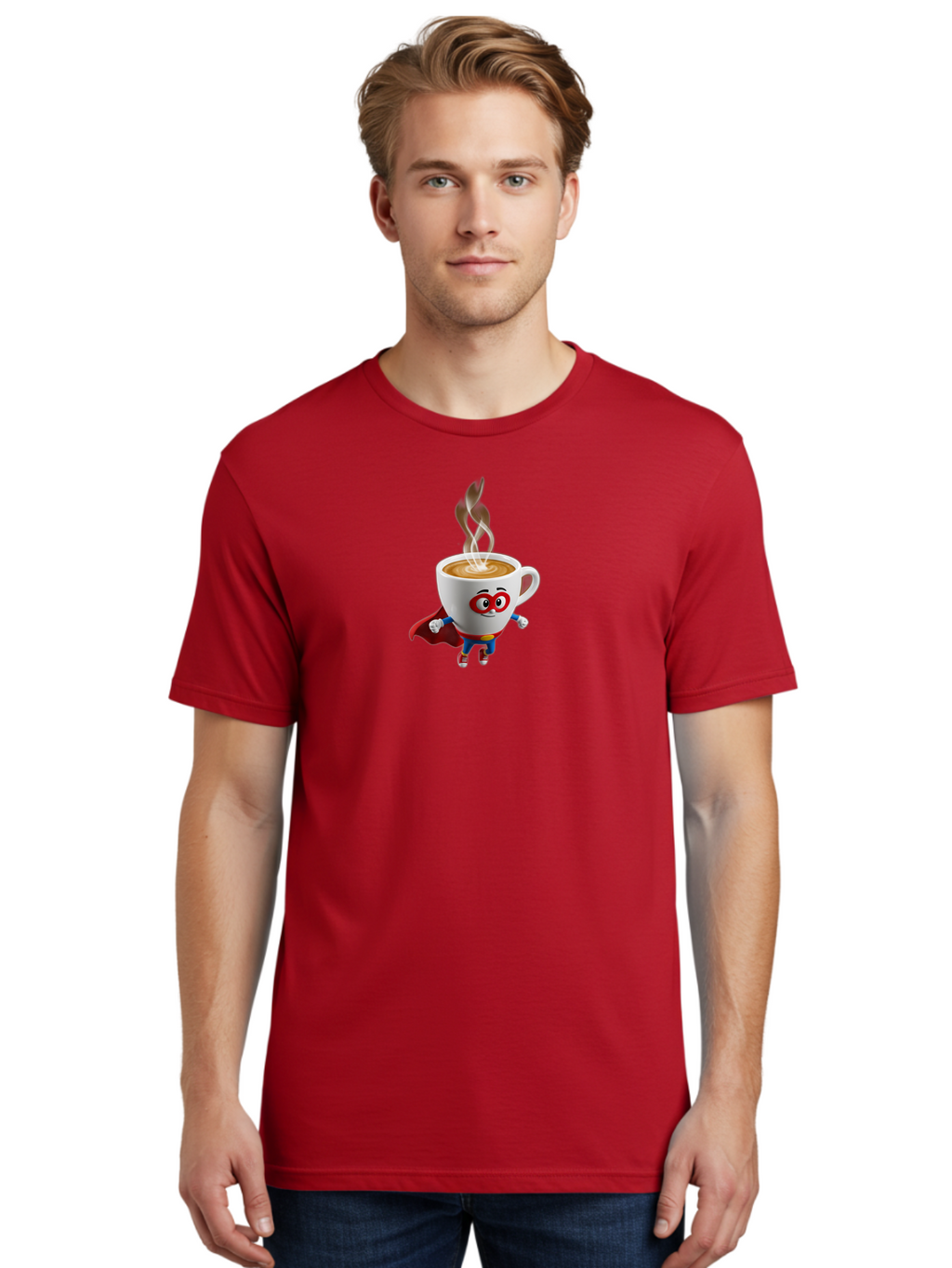 Coffee-Cup-Superhero Men'S Graphic Tee, 100% Cotton, Comfortable Casual Summer Wear, Machine Washable, Cartoon Coffee Cup, Superhero Character, Steaming Hot Coffee, Comic Style, Playful Design, Coffee Lover, Morning Motivation, Funny Artwork, Bab798