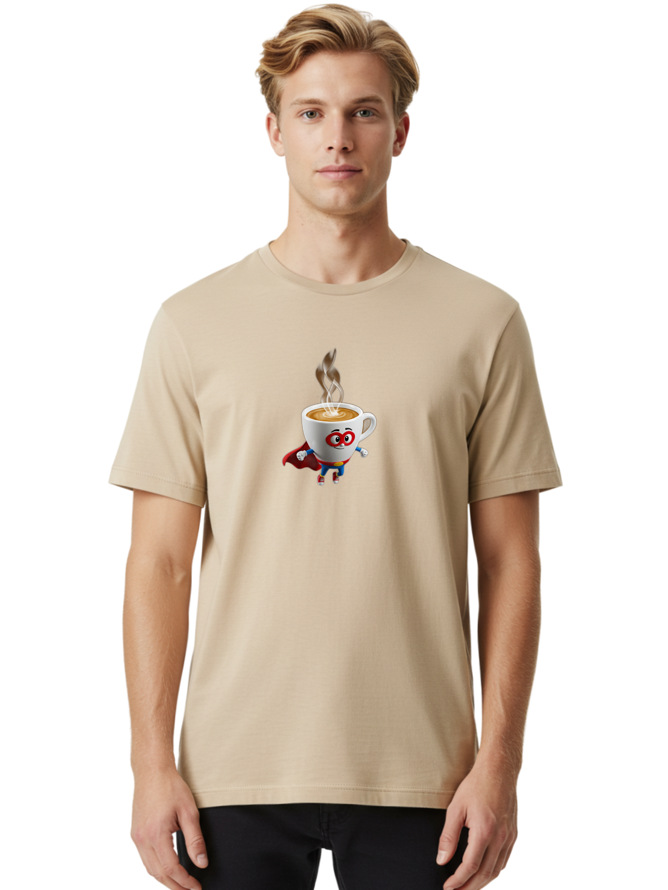 Coffee-Cup-Superhero Men'S Graphic Tee, 100% Cotton, Comfortable Casual Summer Wear, Machine Washable, Cartoon Coffee Cup, Superhero Character, Steaming Hot Coffee, Comic Style, Playful Design, Coffee Lover, Morning Motivation, Funny Artwork, Bab798