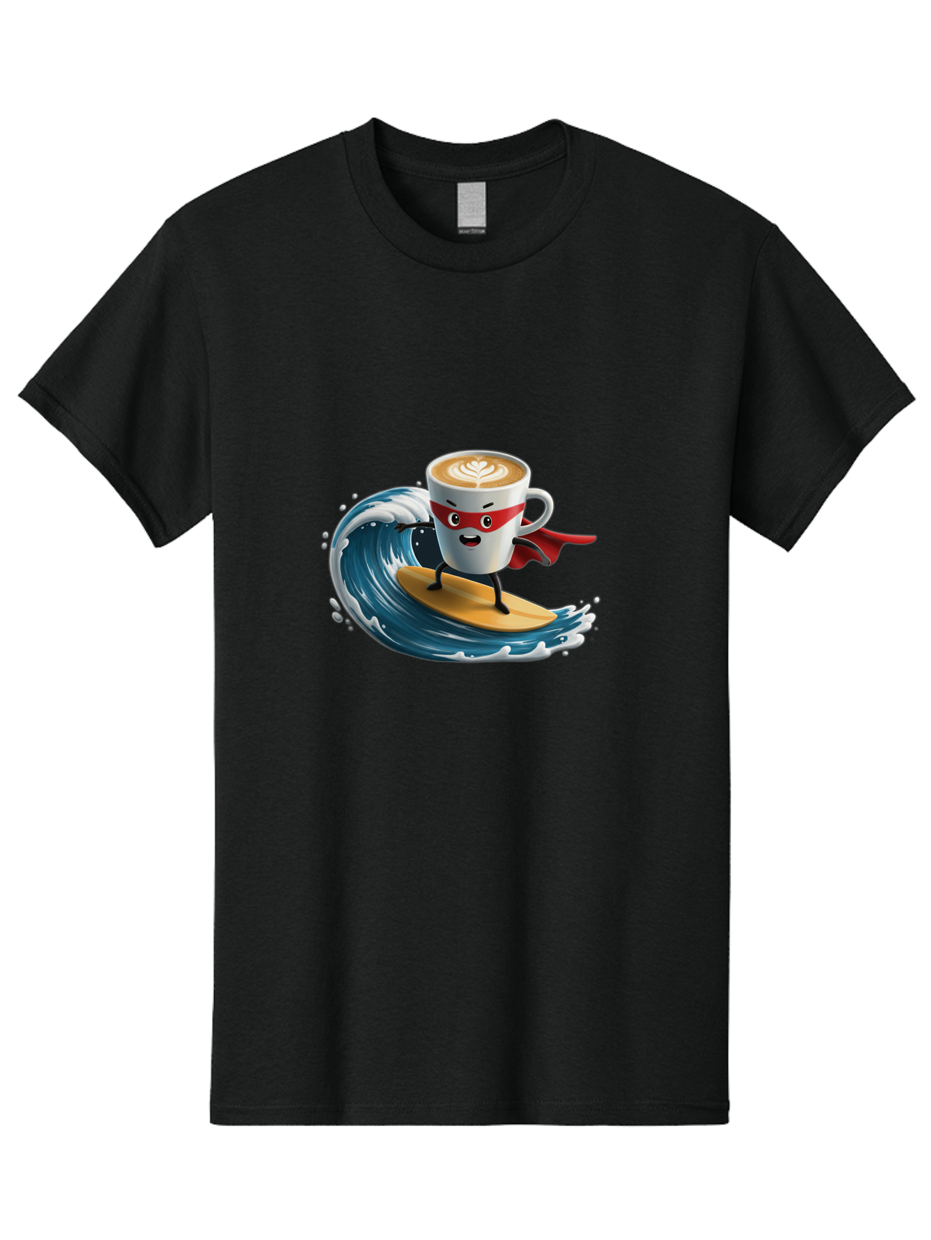 Coffee-Cup-Surfing-Hero Men'S Graphic Tee, 100% Cotton, Comfortable Casual Summer Wear, Machine Washable, Cartoon Coffee Cup, Latte Art, Superhero Cape, Red Mask, Surfing, Wave, Ocean, Fun, Adventure, Humor, Coffee Culture, Playful, Animation Bab799