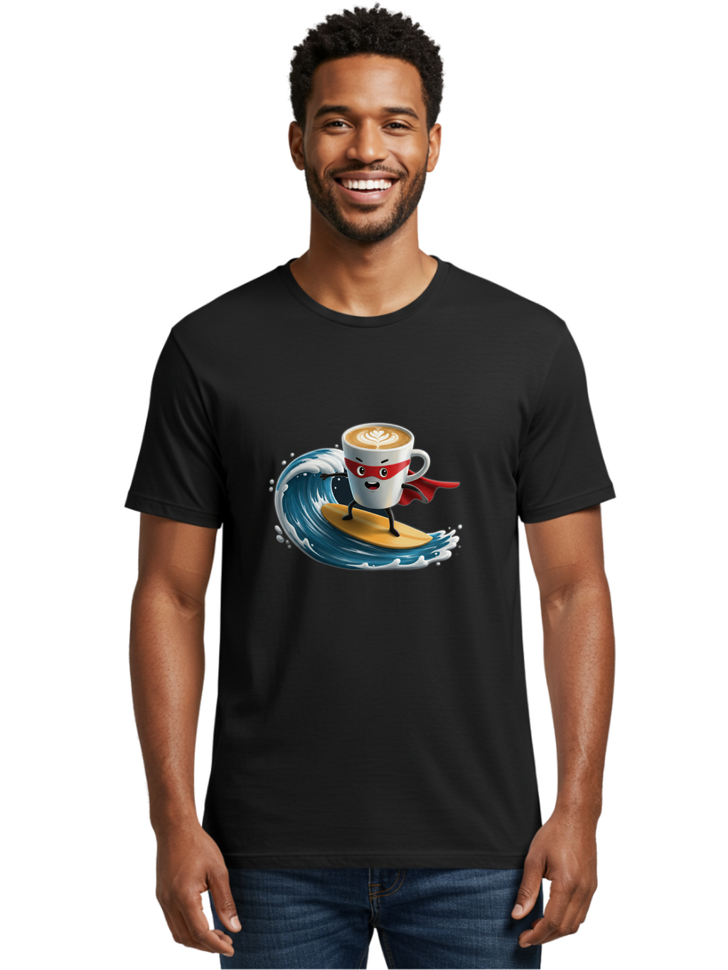 Coffee-Cup-Surfing-Hero Men'S Graphic Tee, 100% Cotton, Comfortable Casual Summer Wear, Machine Washable, Cartoon Coffee Cup, Latte Art, Superhero Cape, Red Mask, Surfing, Wave, Ocean, Fun, Adventure, Humor, Coffee Culture, Playful, Animation Bab799