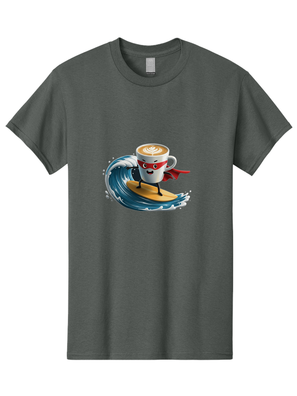 Coffee-Cup-Surfing-Hero Men'S Graphic Tee, 100% Cotton, Comfortable Casual Summer Wear, Machine Washable, Cartoon Coffee Cup, Latte Art, Superhero Cape, Red Mask, Surfing, Wave, Ocean, Fun, Adventure, Humor, Coffee Culture, Playful, Animation Bab799