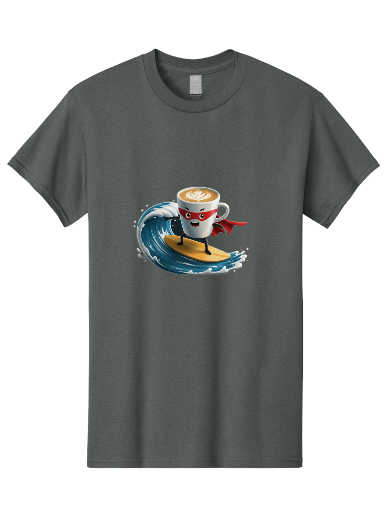 Coffee-Cup-Surfing-Hero Men'S Graphic Tee, 100% Cotton, Comfortable Casual Summer Wear, Machine Washable, Cartoon Coffee Cup, Latte Art, Superhero Cape, Red Mask, Surfing, Wave, Ocean, Fun, Adventure, Humor, Coffee Culture, Playful, Animation Bab799