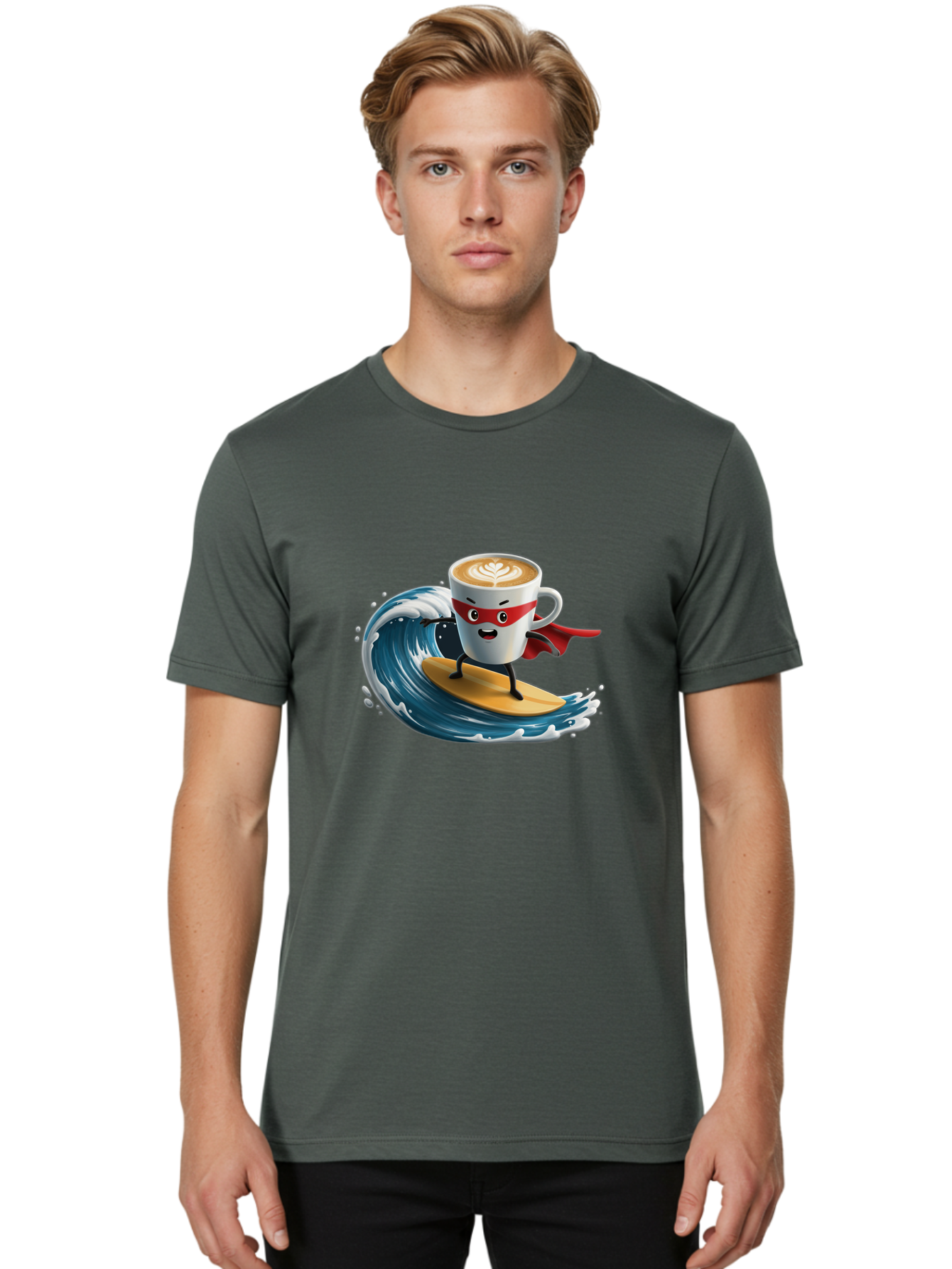 Coffee-Cup-Surfing-Hero Men'S Graphic Tee, 100% Cotton, Comfortable Casual Summer Wear, Machine Washable, Cartoon Coffee Cup, Latte Art, Superhero Cape, Red Mask, Surfing, Wave, Ocean, Fun, Adventure, Humor, Coffee Culture, Playful, Animation Bab799