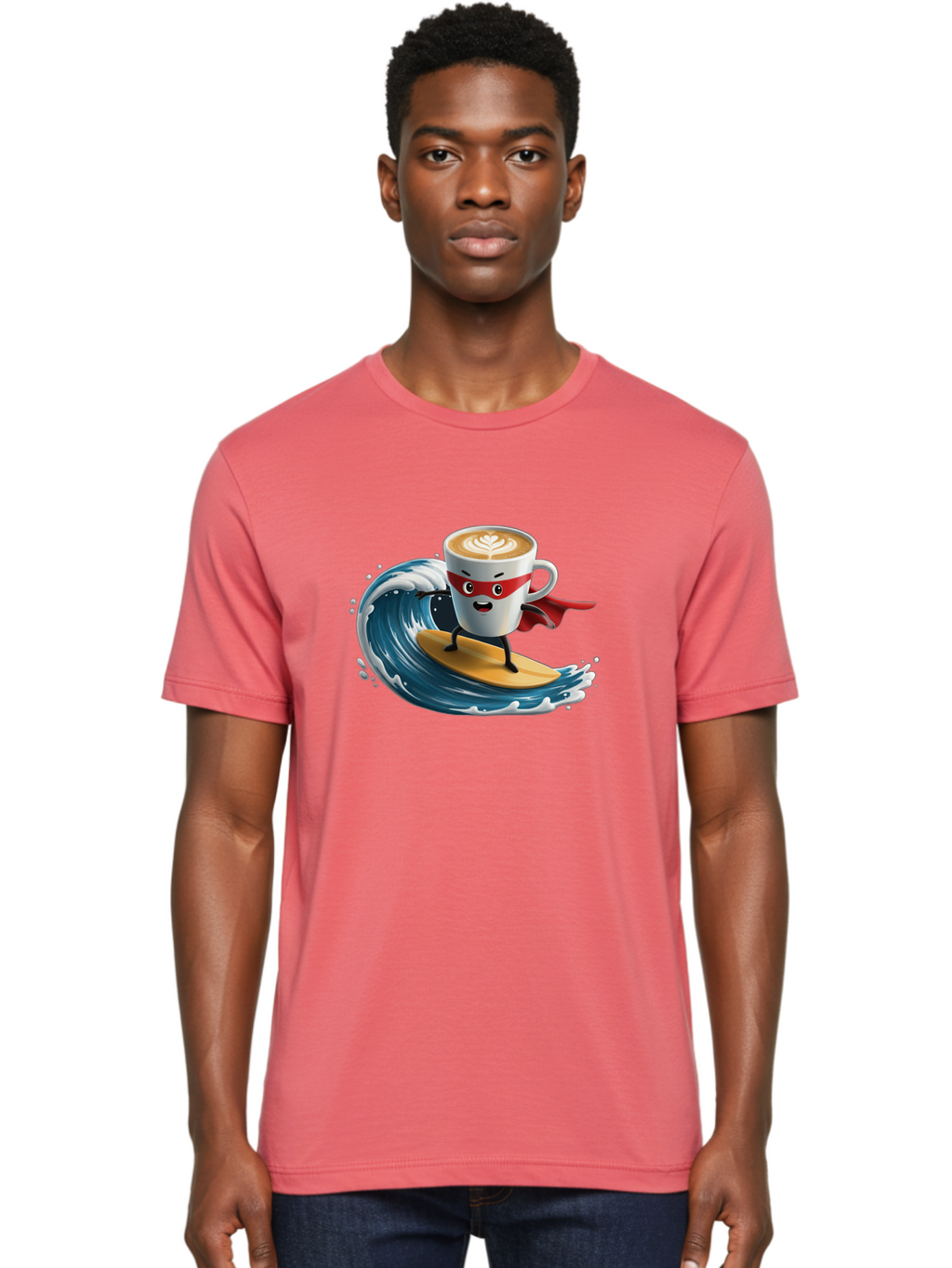 Coffee-Cup-Surfing-Hero Men'S Graphic Tee, 100% Cotton, Comfortable Casual Summer Wear, Machine Washable, Cartoon Coffee Cup, Latte Art, Superhero Cape, Red Mask, Surfing, Wave, Ocean, Fun, Adventure, Humor, Coffee Culture, Playful, Animation Bab799