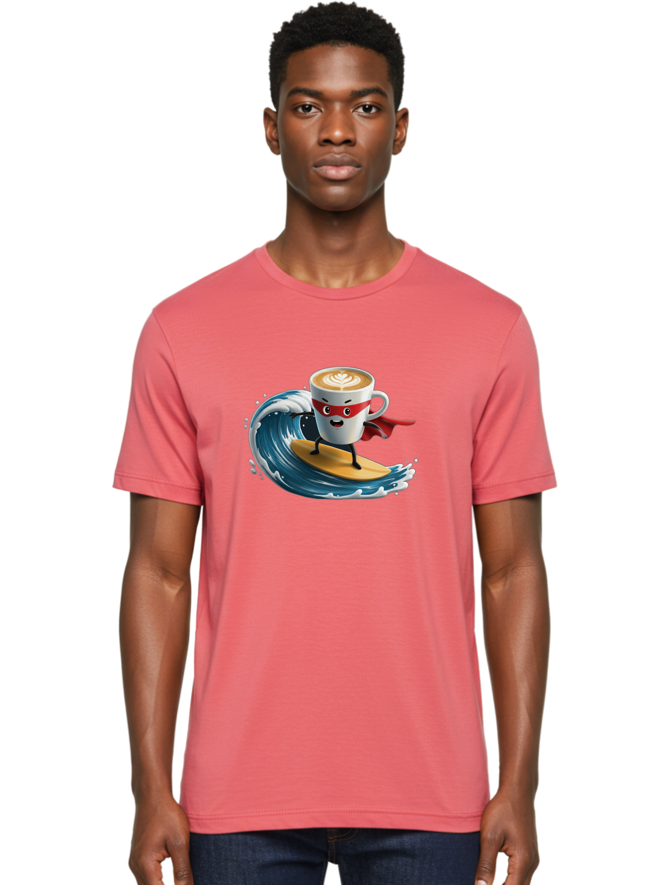 Coffee-Cup-Surfing-Hero Men'S Graphic Tee, 100% Cotton, Comfortable Casual Summer Wear, Machine Washable, Cartoon Coffee Cup, Latte Art, Superhero Cape, Red Mask, Surfing, Wave, Ocean, Fun, Adventure, Humor, Coffee Culture, Playful, Animation Bab799