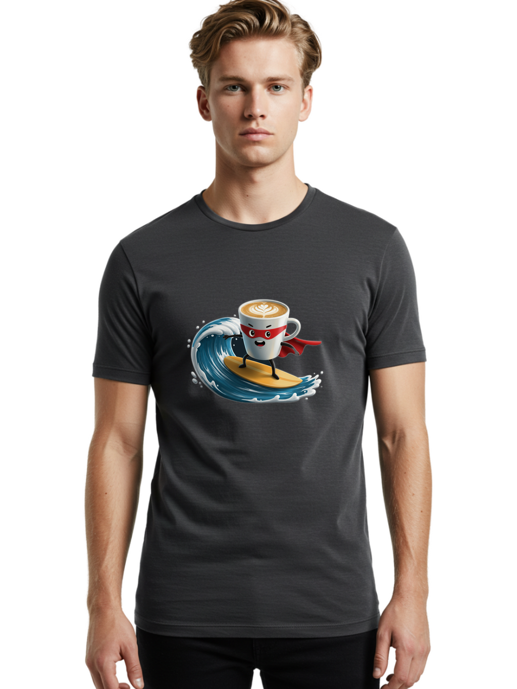 Coffee-Cup-Surfing-Hero Men'S Graphic Tee, 100% Cotton, Comfortable Casual Summer Wear, Machine Washable, Cartoon Coffee Cup, Latte Art, Superhero Cape, Red Mask, Surfing, Wave, Ocean, Fun, Adventure, Humor, Coffee Culture, Playful, Animation Bab799