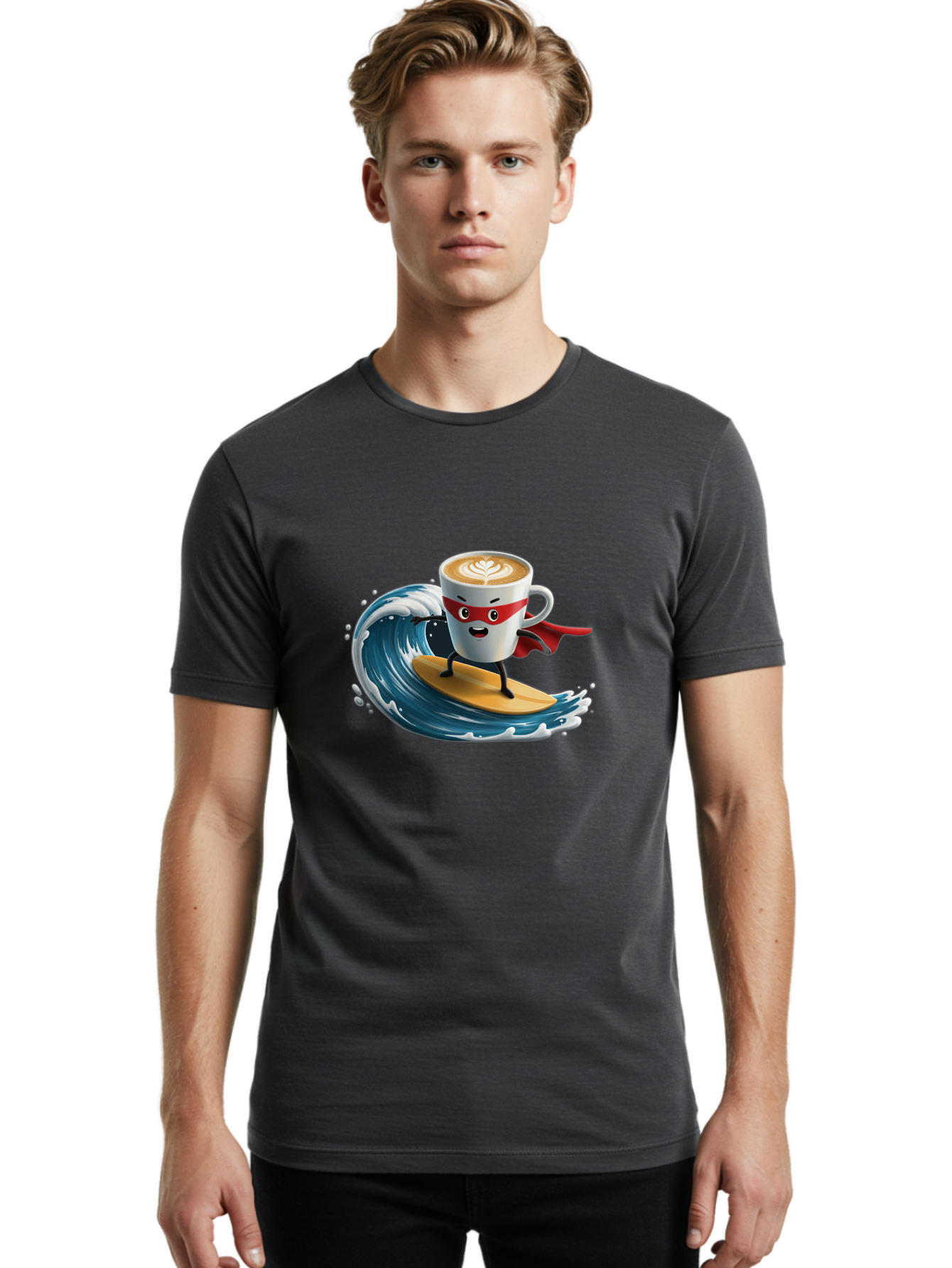 Coffee-Cup-Surfing-Hero Men'S Graphic Tee, 100% Cotton, Comfortable Casual Summer Wear, Machine Washable, Cartoon Coffee Cup, Latte Art, Superhero Cape, Red Mask, Surfing, Wave, Ocean, Fun, Adventure, Humor, Coffee Culture, Playful, Animation Bab799