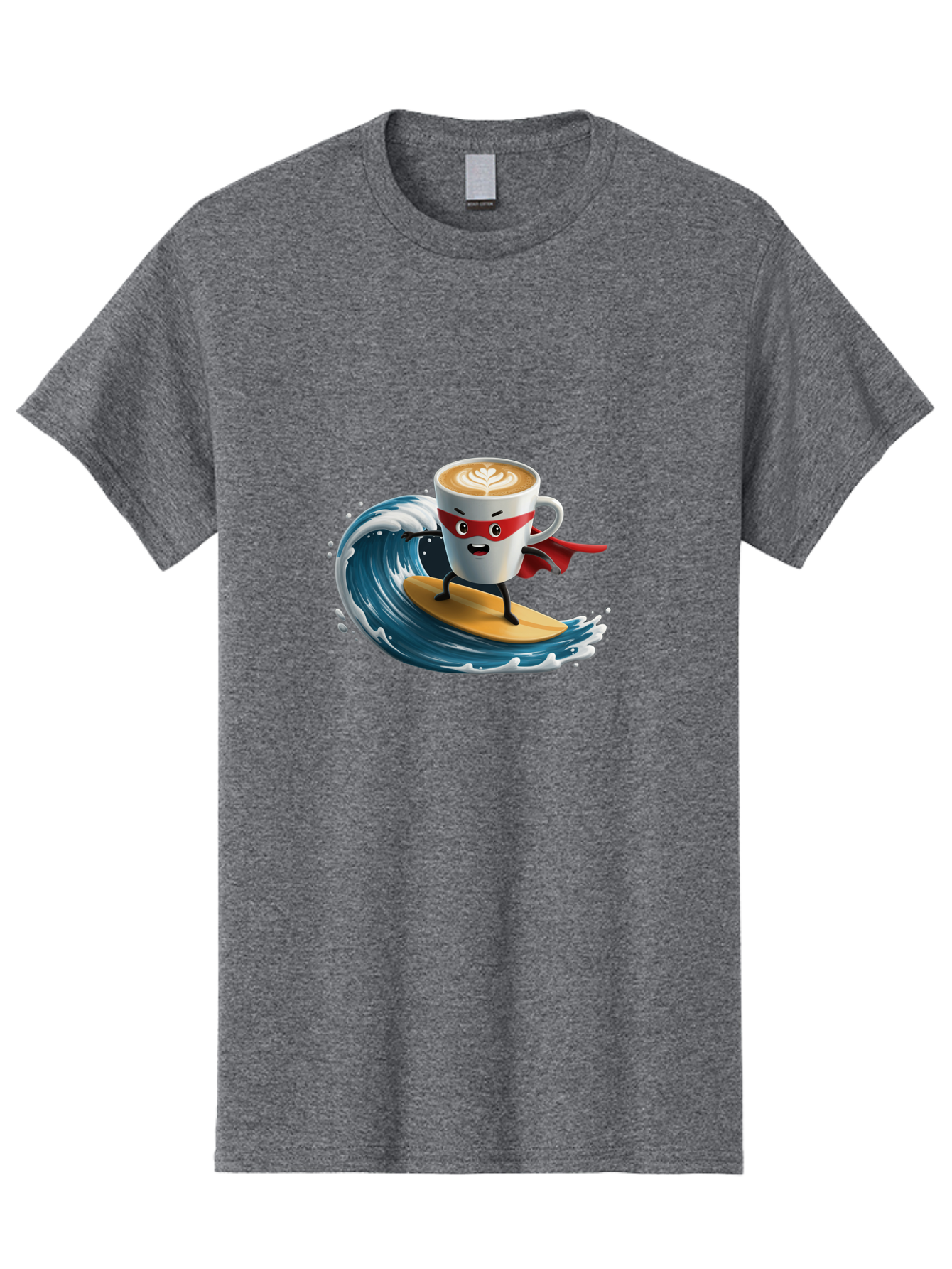 Coffee-Cup-Surfing-Hero Men'S Graphic Tee, 100% Cotton, Comfortable Casual Summer Wear, Machine Washable, Cartoon Coffee Cup, Latte Art, Superhero Cape, Red Mask, Surfing, Wave, Ocean, Fun, Adventure, Humor, Coffee Culture, Playful, Animation Bab799
