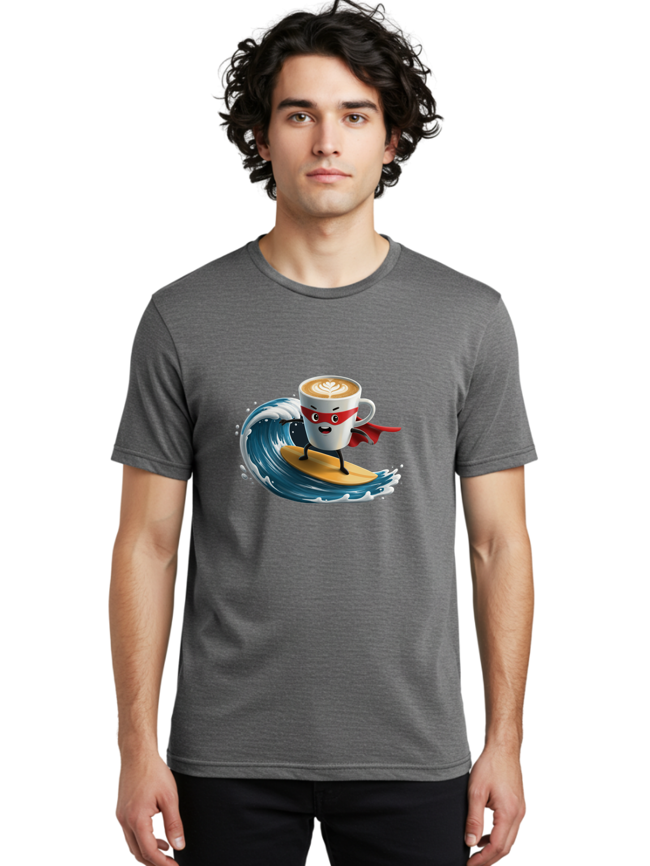 Coffee-Cup-Surfing-Hero Men'S Graphic Tee, 100% Cotton, Comfortable Casual Summer Wear, Machine Washable, Cartoon Coffee Cup, Latte Art, Superhero Cape, Red Mask, Surfing, Wave, Ocean, Fun, Adventure, Humor, Coffee Culture, Playful, Animation Bab799
