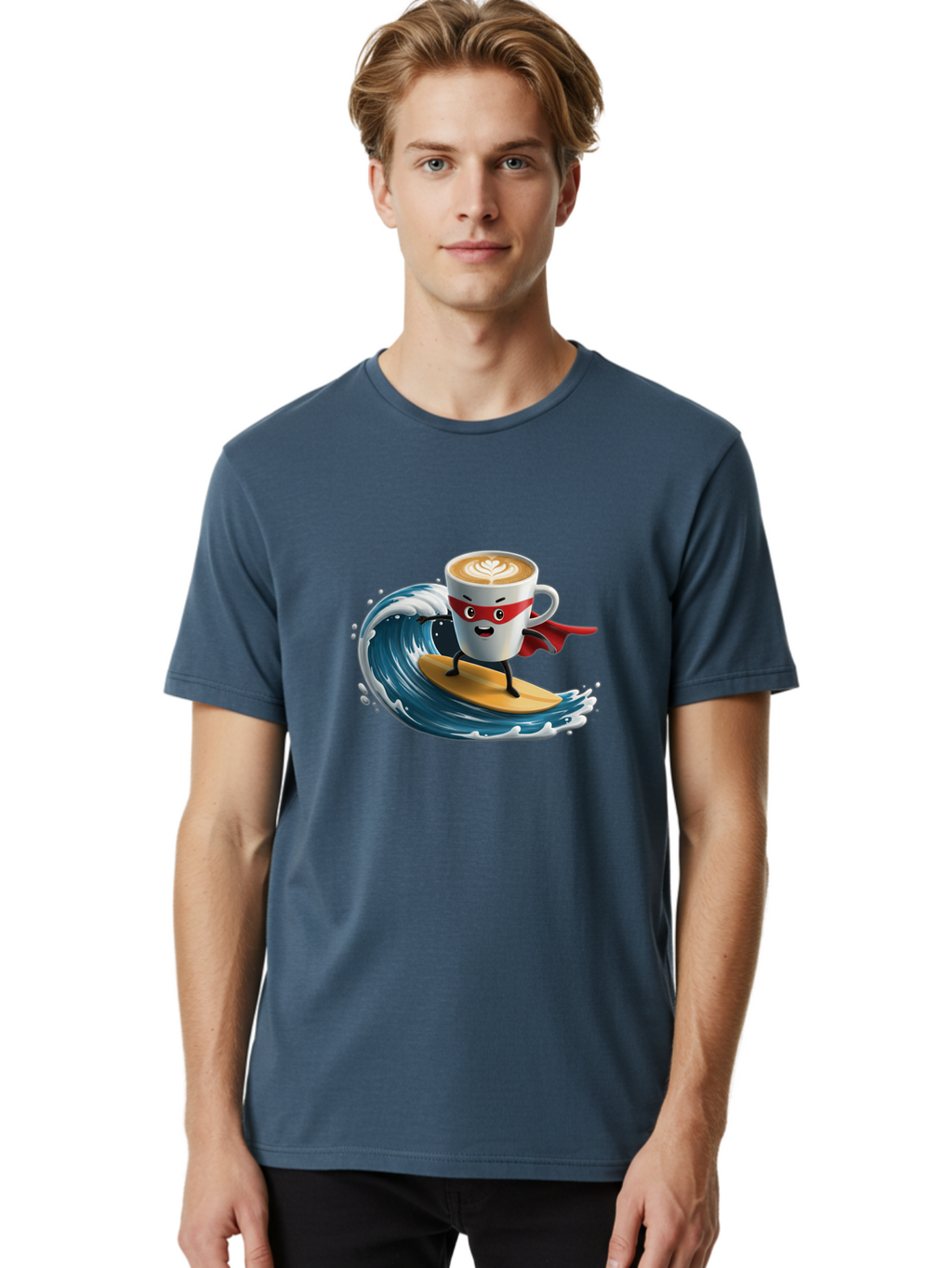 Coffee-Cup-Surfing-Hero Men'S Graphic Tee, 100% Cotton, Comfortable Casual Summer Wear, Machine Washable, Cartoon Coffee Cup, Latte Art, Superhero Cape, Red Mask, Surfing, Wave, Ocean, Fun, Adventure, Humor, Coffee Culture, Playful, Animation Bab799