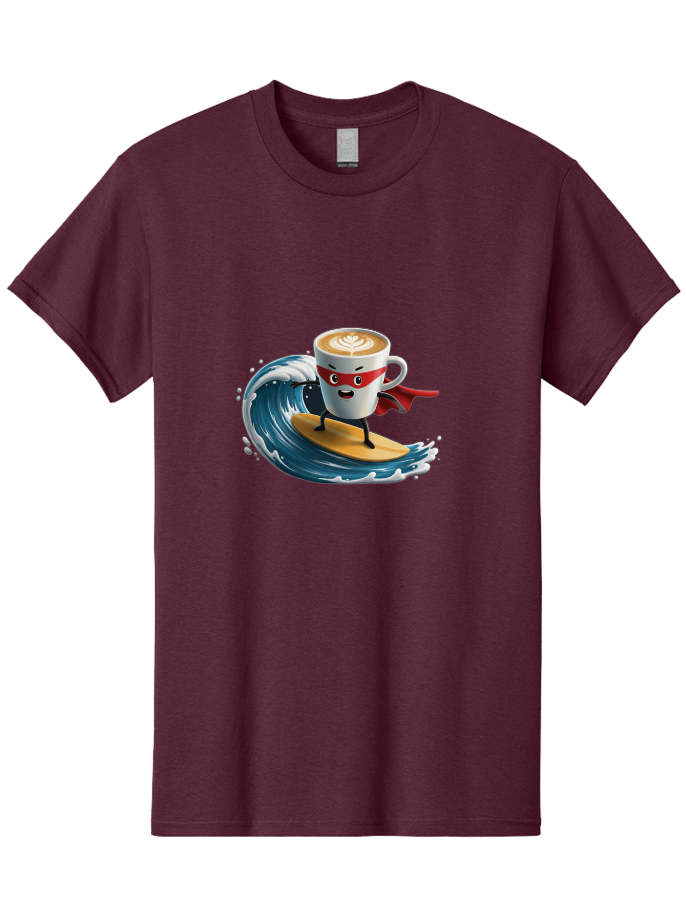Coffee-Cup-Surfing-Hero Men'S Graphic Tee, 100% Cotton, Comfortable Casual Summer Wear, Machine Washable, Cartoon Coffee Cup, Latte Art, Superhero Cape, Red Mask, Surfing, Wave, Ocean, Fun, Adventure, Humor, Coffee Culture, Playful, Animation Bab799