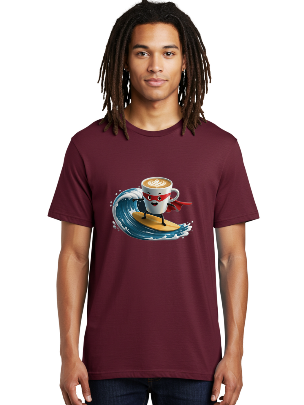 Coffee-Cup-Surfing-Hero Men'S Graphic Tee, 100% Cotton, Comfortable Casual Summer Wear, Machine Washable, Cartoon Coffee Cup, Latte Art, Superhero Cape, Red Mask, Surfing, Wave, Ocean, Fun, Adventure, Humor, Coffee Culture, Playful, Animation Bab799
