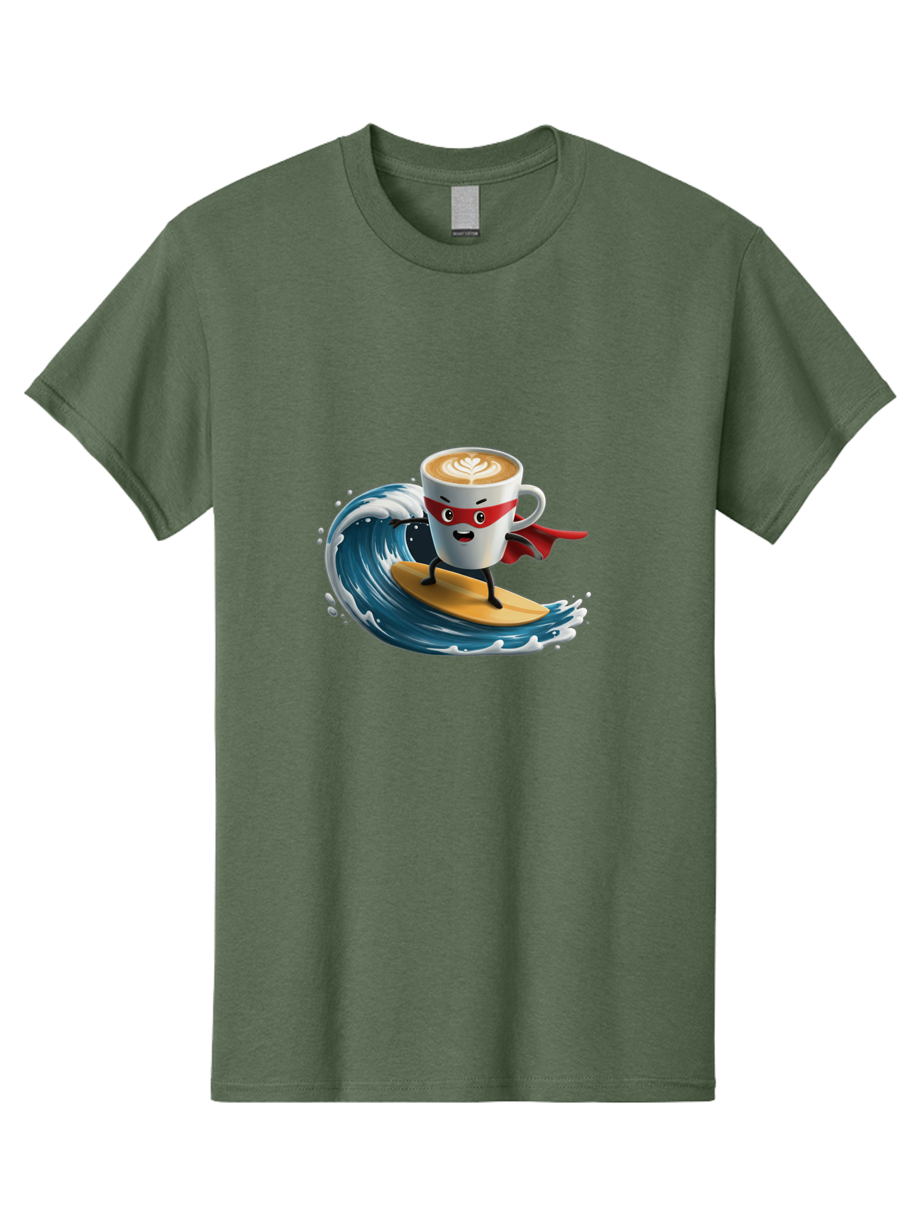 Coffee-Cup-Surfing-Hero Men'S Graphic Tee, 100% Cotton, Comfortable Casual Summer Wear, Machine Washable, Cartoon Coffee Cup, Latte Art, Superhero Cape, Red Mask, Surfing, Wave, Ocean, Fun, Adventure, Humor, Coffee Culture, Playful, Animation Bab799
