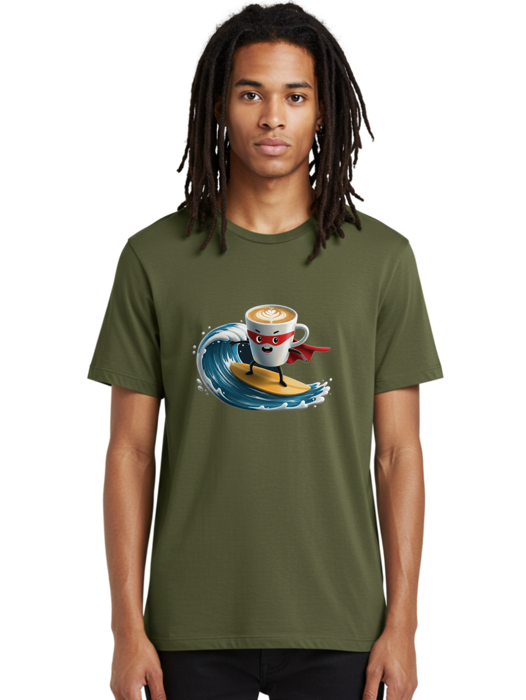 Coffee-Cup-Surfing-Hero Men'S Graphic Tee, 100% Cotton, Comfortable Casual Summer Wear, Machine Washable, Cartoon Coffee Cup, Latte Art, Superhero Cape, Red Mask, Surfing, Wave, Ocean, Fun, Adventure, Humor, Coffee Culture, Playful, Animation Bab799