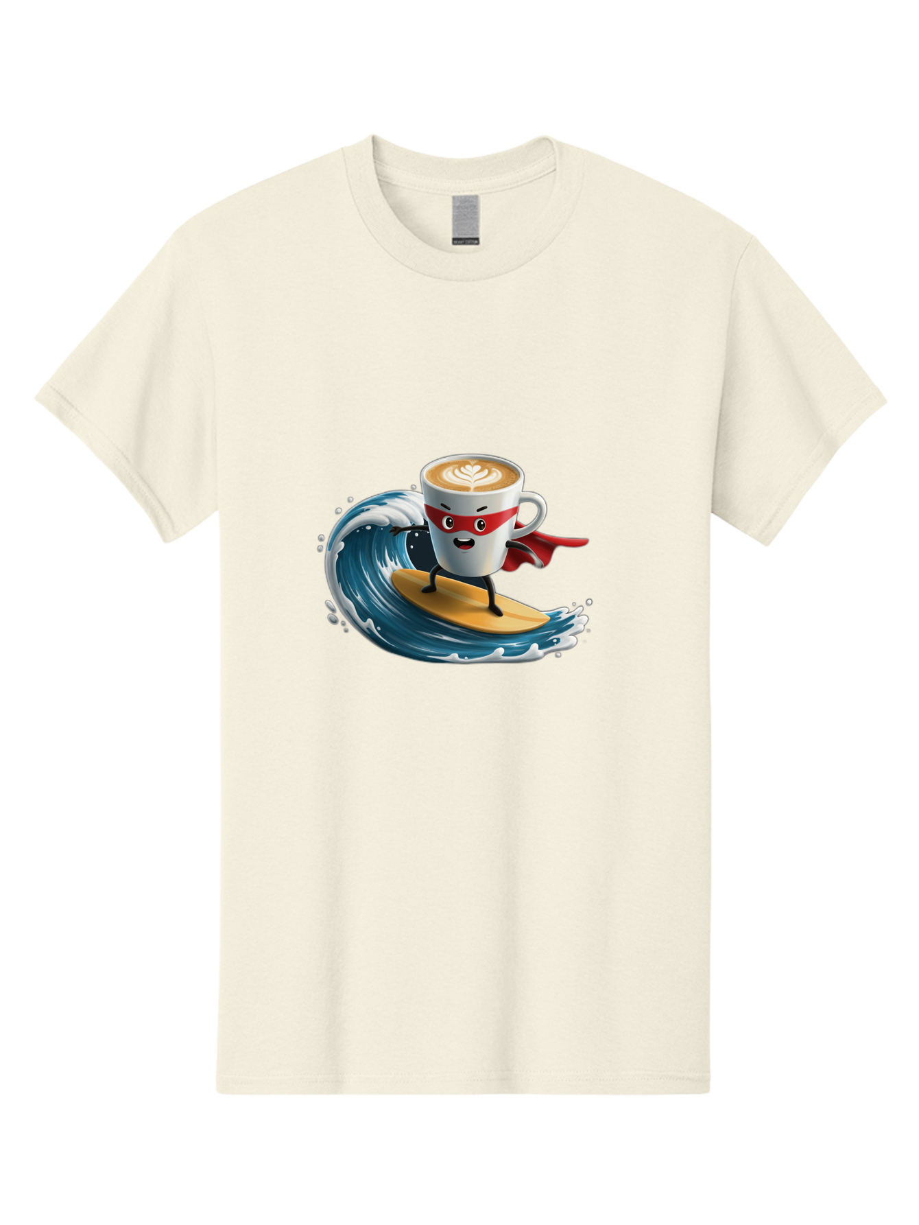 Coffee-Cup-Surfing-Hero Men'S Graphic Tee, 100% Cotton, Comfortable Casual Summer Wear, Machine Washable, Cartoon Coffee Cup, Latte Art, Superhero Cape, Red Mask, Surfing, Wave, Ocean, Fun, Adventure, Humor, Coffee Culture, Playful, Animation Bab799