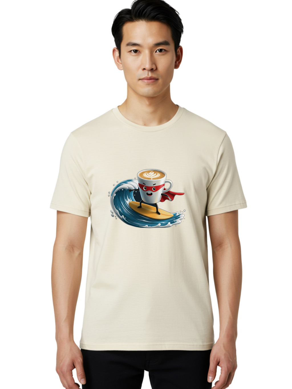 Coffee-Cup-Surfing-Hero Men'S Graphic Tee, 100% Cotton, Comfortable Casual Summer Wear, Machine Washable, Cartoon Coffee Cup, Latte Art, Superhero Cape, Red Mask, Surfing, Wave, Ocean, Fun, Adventure, Humor, Coffee Culture, Playful, Animation Bab799
