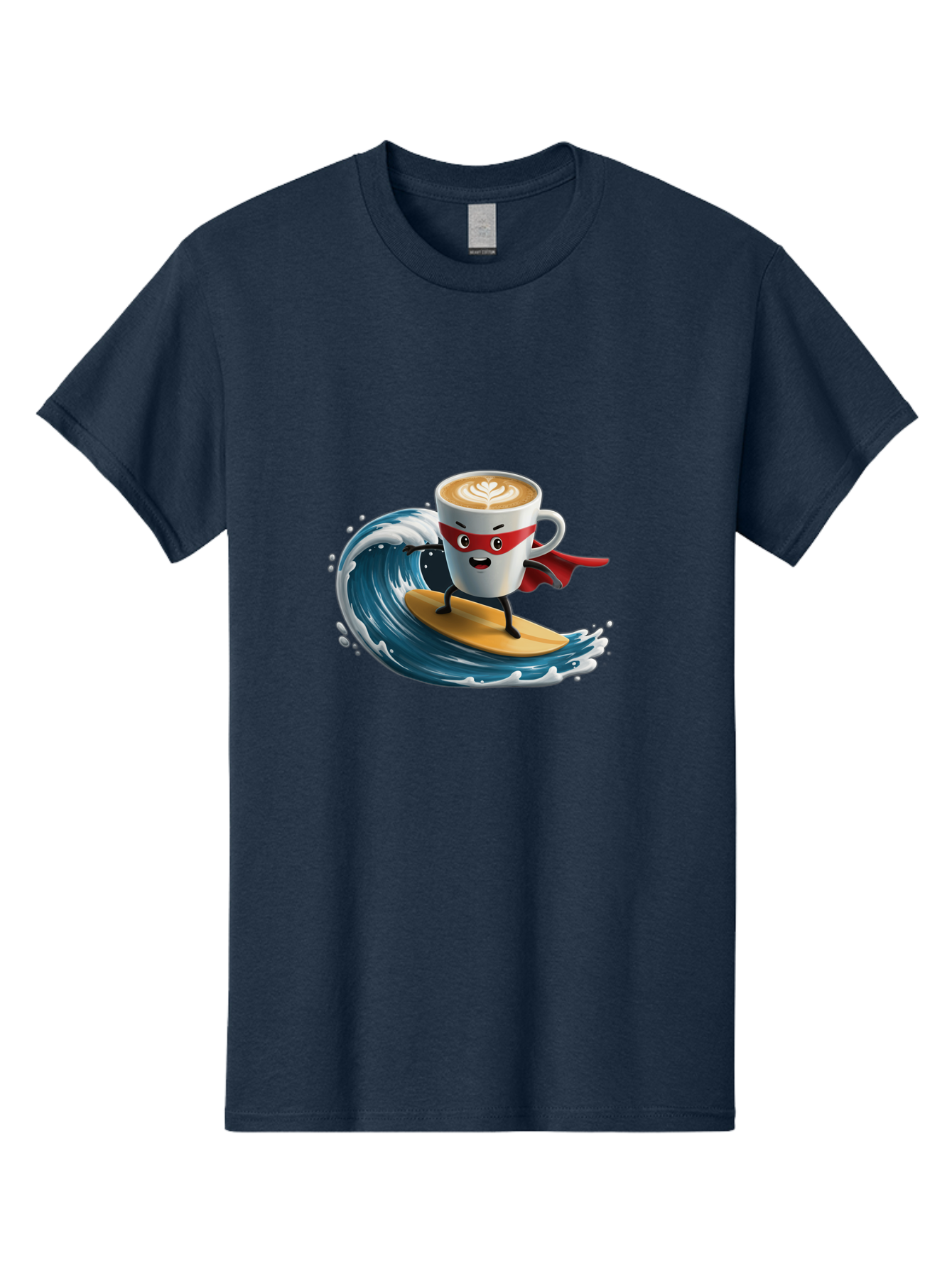 Coffee-Cup-Surfing-Hero Men'S Graphic Tee, 100% Cotton, Comfortable Casual Summer Wear, Machine Washable, Cartoon Coffee Cup, Latte Art, Superhero Cape, Red Mask, Surfing, Wave, Ocean, Fun, Adventure, Humor, Coffee Culture, Playful, Animation Bab799