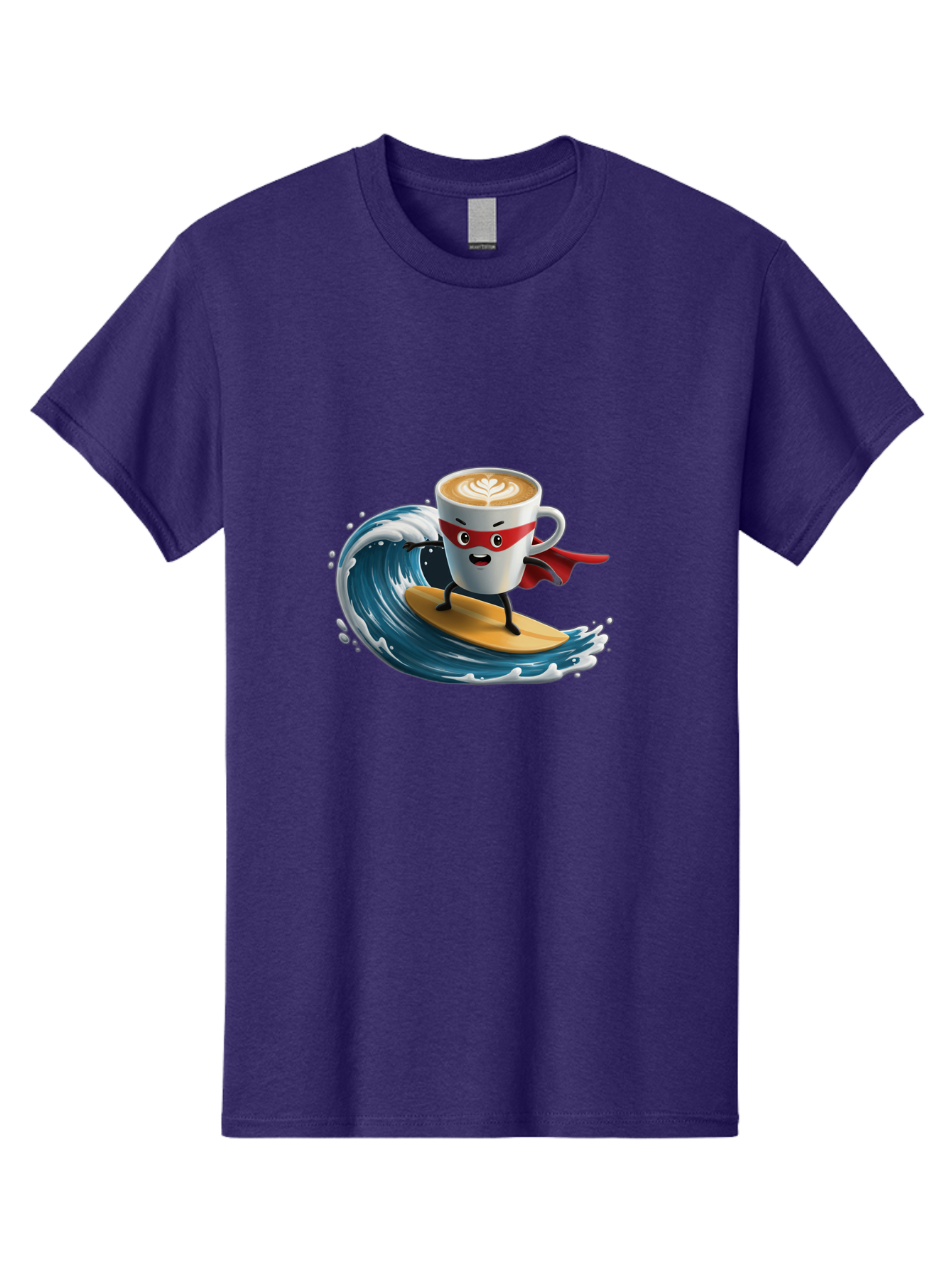 Coffee-Cup-Surfing-Hero Men'S Graphic Tee, 100% Cotton, Comfortable Casual Summer Wear, Machine Washable, Cartoon Coffee Cup, Latte Art, Superhero Cape, Red Mask, Surfing, Wave, Ocean, Fun, Adventure, Humor, Coffee Culture, Playful, Animation Bab799