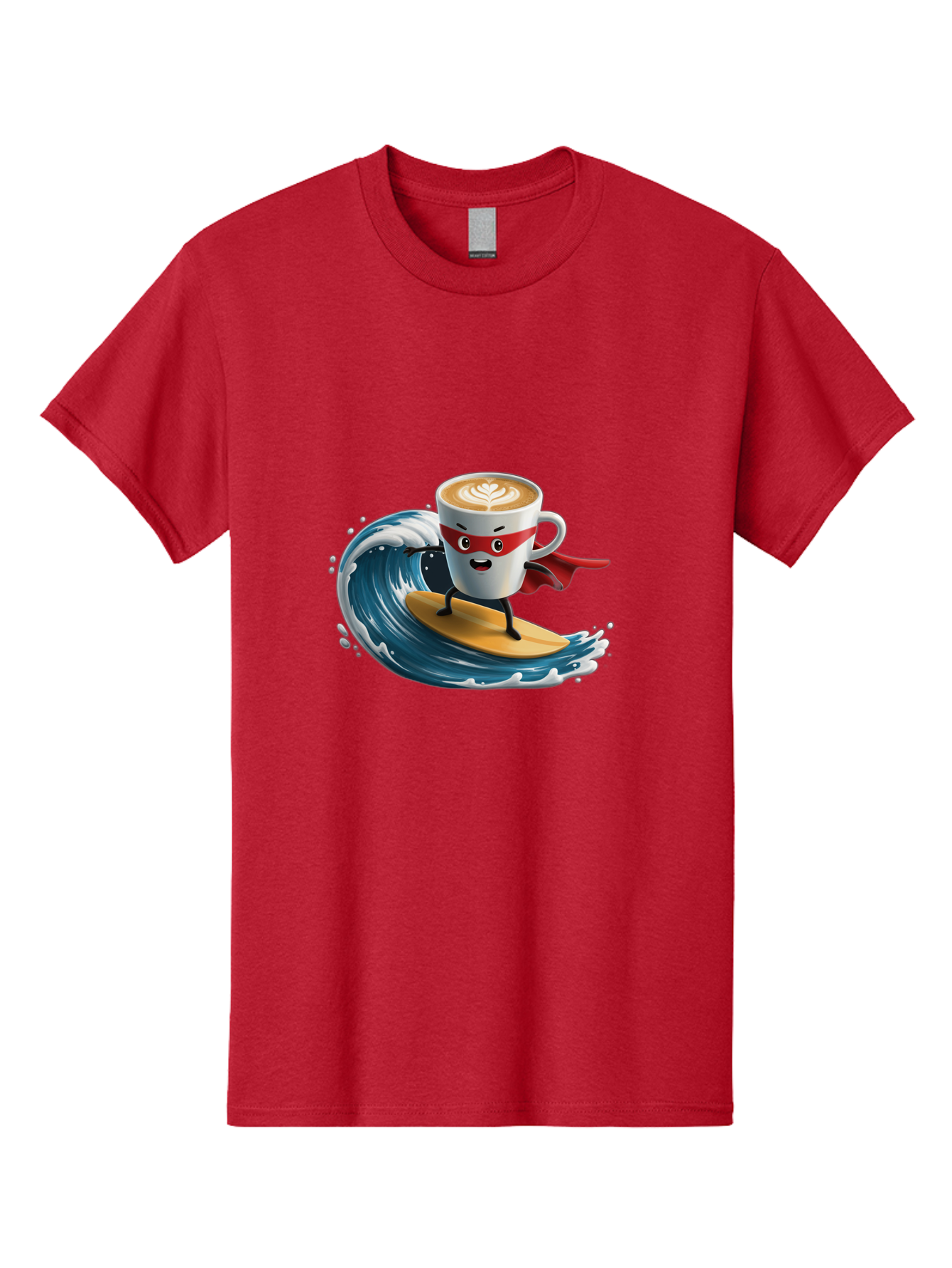 Coffee-Cup-Surfing-Hero Men'S Graphic Tee, 100% Cotton, Comfortable Casual Summer Wear, Machine Washable, Cartoon Coffee Cup, Latte Art, Superhero Cape, Red Mask, Surfing, Wave, Ocean, Fun, Adventure, Humor, Coffee Culture, Playful, Animation Bab799