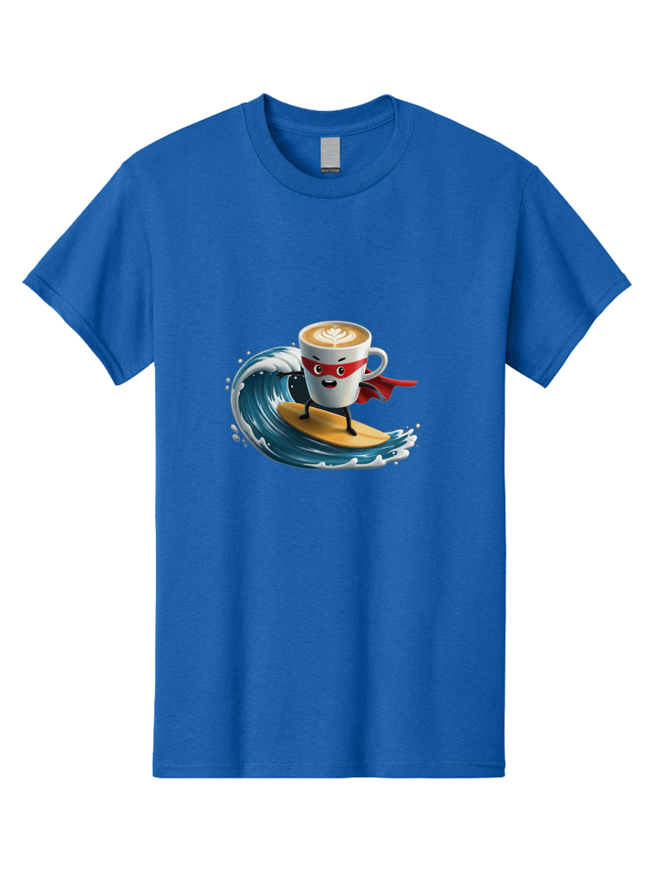 Coffee-Cup-Surfing-Hero Men'S Graphic Tee, 100% Cotton, Comfortable Casual Summer Wear, Machine Washable, Cartoon Coffee Cup, Latte Art, Superhero Cape, Red Mask, Surfing, Wave, Ocean, Fun, Adventure, Humor, Coffee Culture, Playful, Animation Bab799