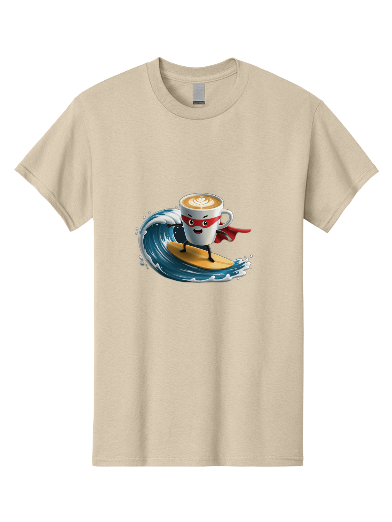 Coffee-Cup-Surfing-Hero Men'S Graphic Tee, 100% Cotton, Comfortable Casual Summer Wear, Machine Washable, Cartoon Coffee Cup, Latte Art, Superhero Cape, Red Mask, Surfing, Wave, Ocean, Fun, Adventure, Humor, Coffee Culture, Playful, Animation Bab799
