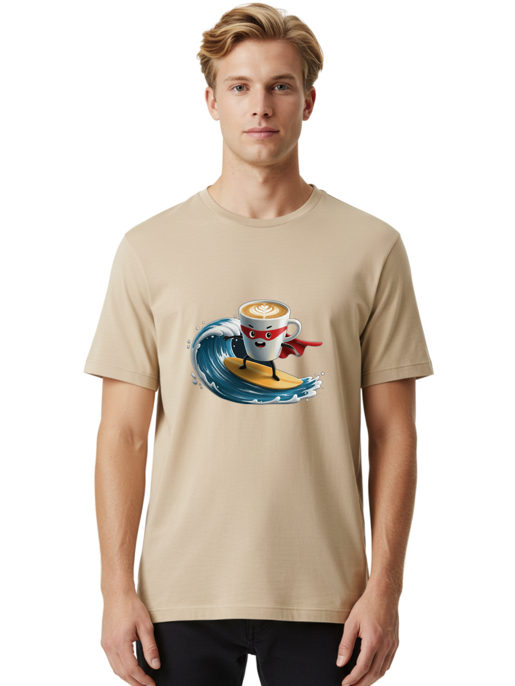 Coffee-Cup-Surfing-Hero Men'S Graphic Tee, 100% Cotton, Comfortable Casual Summer Wear, Machine Washable, Cartoon Coffee Cup, Latte Art, Superhero Cape, Red Mask, Surfing, Wave, Ocean, Fun, Adventure, Humor, Coffee Culture, Playful, Animation Bab799