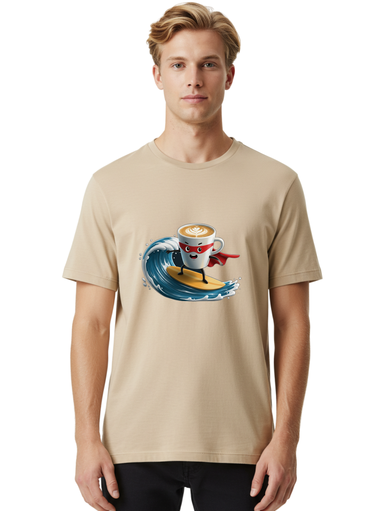 Coffee-Cup-Surfing-Hero Men'S Graphic Tee, 100% Cotton, Comfortable Casual Summer Wear, Machine Washable, Cartoon Coffee Cup, Latte Art, Superhero Cape, Red Mask, Surfing, Wave, Ocean, Fun, Adventure, Humor, Coffee Culture, Playful, Animation Bab799