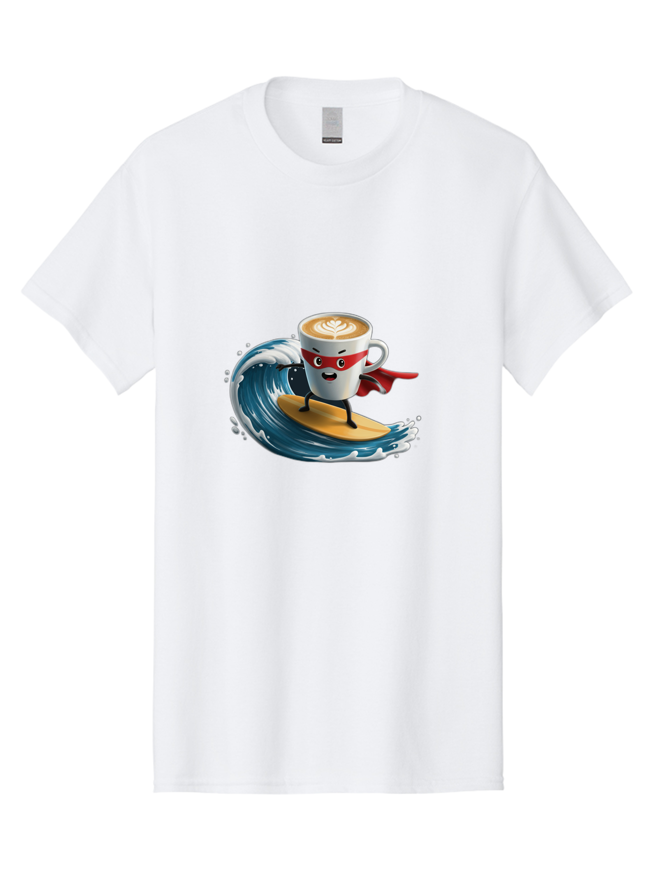 Coffee-Cup-Surfing-Hero Men'S Graphic Tee, 100% Cotton, Comfortable Casual Summer Wear, Machine Washable, Cartoon Coffee Cup, Latte Art, Superhero Cape, Red Mask, Surfing, Wave, Ocean, Fun, Adventure, Humor, Coffee Culture, Playful, Animation Bab799