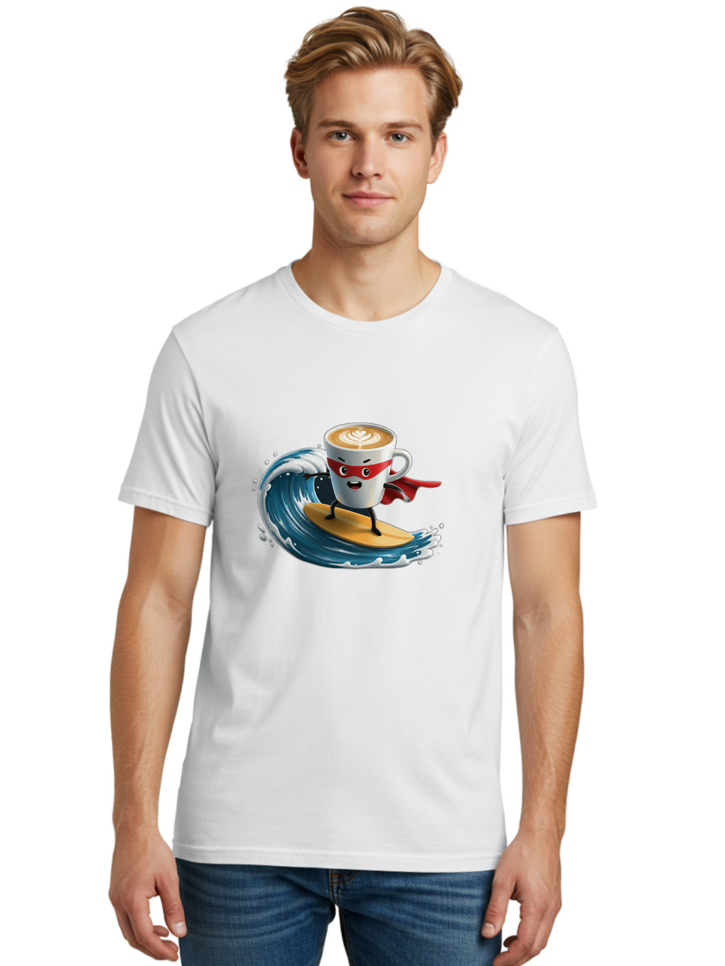 Coffee-Cup-Surfing-Hero Men'S Graphic Tee, 100% Cotton, Comfortable Casual Summer Wear, Machine Washable, Cartoon Coffee Cup, Latte Art, Superhero Cape, Red Mask, Surfing, Wave, Ocean, Fun, Adventure, Humor, Coffee Culture, Playful, Animation Bab799