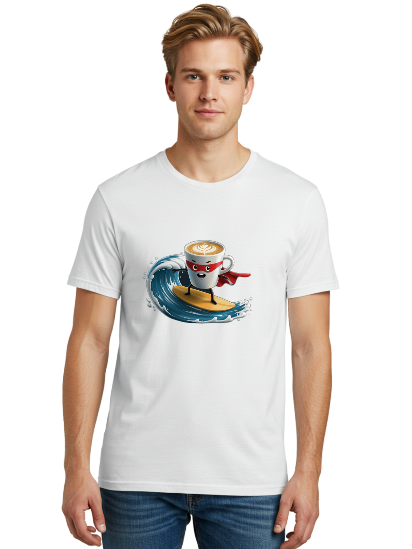 Coffee-Cup-Surfing-Hero Men'S Graphic Tee, 100% Cotton, Comfortable Casual Summer Wear, Machine Washable, Cartoon Coffee Cup, Latte Art, Superhero Cape, Red Mask, Surfing, Wave, Ocean, Fun, Adventure, Humor, Coffee Culture, Playful, Animation Bab799