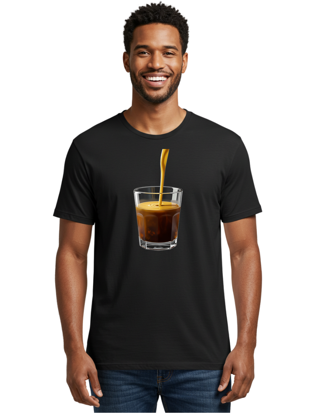 Coffee-In-Glass Men'S Graphic Tee, 100% Cotton, Comfortable Casual Summer Wear, Machine Washable, Coffee Being Poured, Espresso In A Glass, Coffee Drink, Creamy Texture, Rich Flavor, Coffee Lover, Morning Pick-Me-Up, Caffeine Fix Bab801