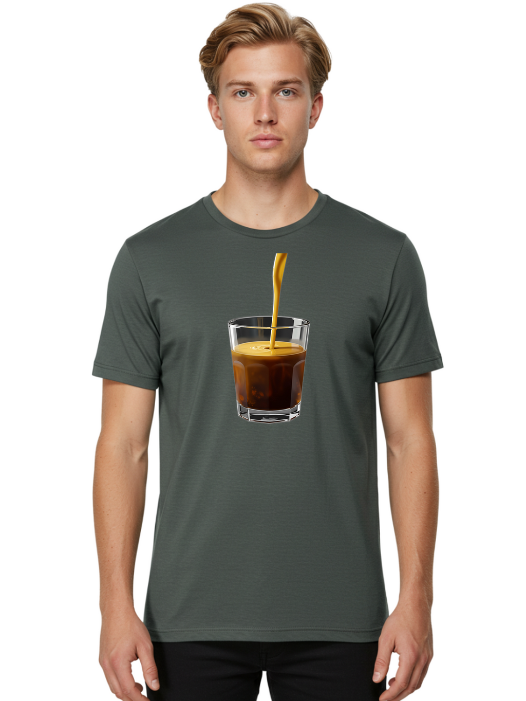 Coffee-In-Glass Men'S Graphic Tee, 100% Cotton, Comfortable Casual Summer Wear, Machine Washable, Coffee Being Poured, Espresso In A Glass, Coffee Drink, Creamy Texture, Rich Flavor, Coffee Lover, Morning Pick-Me-Up, Caffeine Fix Bab801
