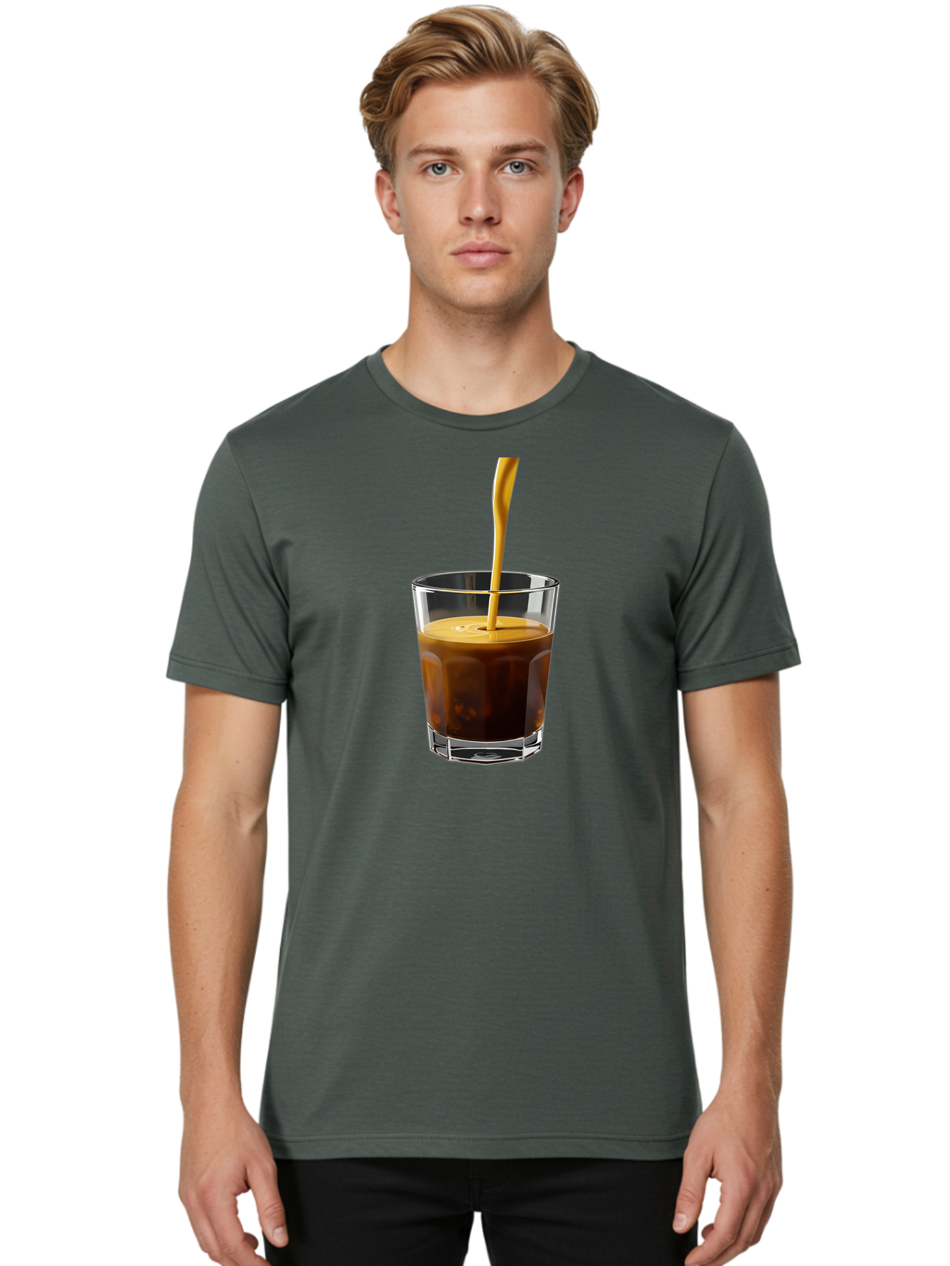 Coffee-In-Glass Men'S Graphic Tee, 100% Cotton, Comfortable Casual Summer Wear, Machine Washable, Coffee Being Poured, Espresso In A Glass, Coffee Drink, Creamy Texture, Rich Flavor, Coffee Lover, Morning Pick-Me-Up, Caffeine Fix Bab801