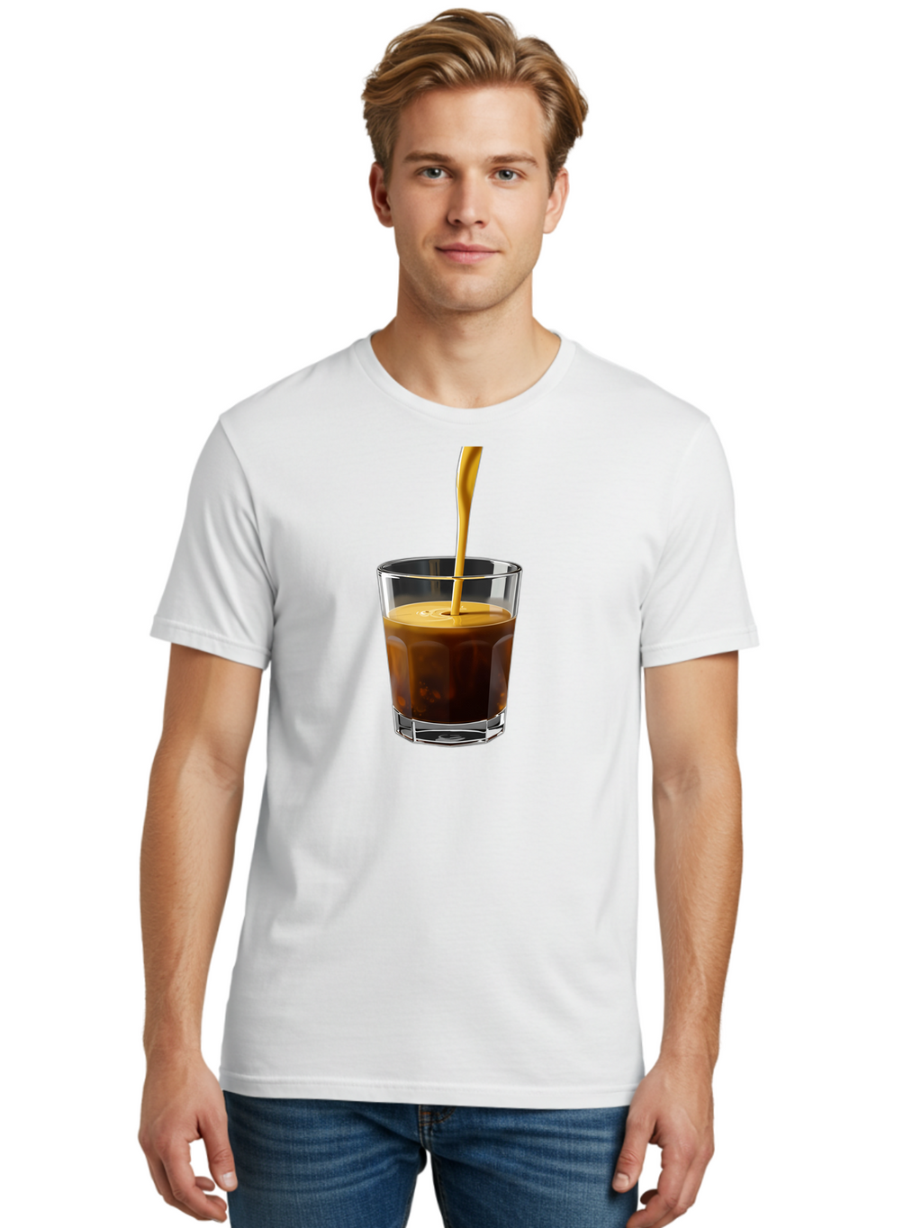 Coffee-In-Glass Men'S Graphic Tee, 100% Cotton, Comfortable Casual Summer Wear, Machine Washable, Coffee Being Poured, Espresso In A Glass, Coffee Drink, Creamy Texture, Rich Flavor, Coffee Lover, Morning Pick-Me-Up, Caffeine Fix Bab801