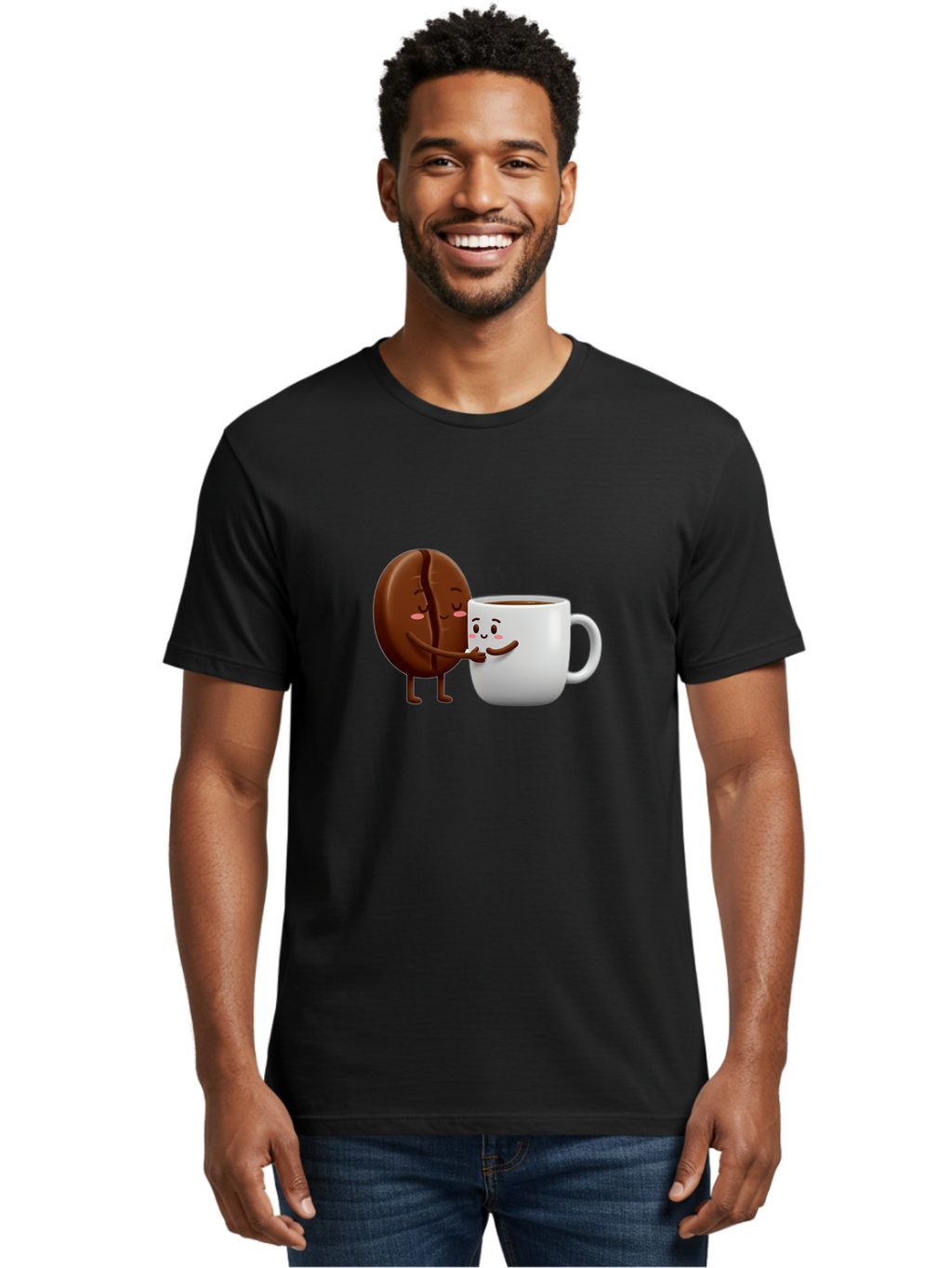 Coffee-Kissing Men'S Graphic Tee, 100% Cotton, Comfortable Casual Summer Wear, Machine Washable, Cartoon Cookie, Coffee Mug, Anthropomorphic Characters, Smiling Faces, Friendly Interaction, Chocolate Cookie, Coffee Drink, Bab802