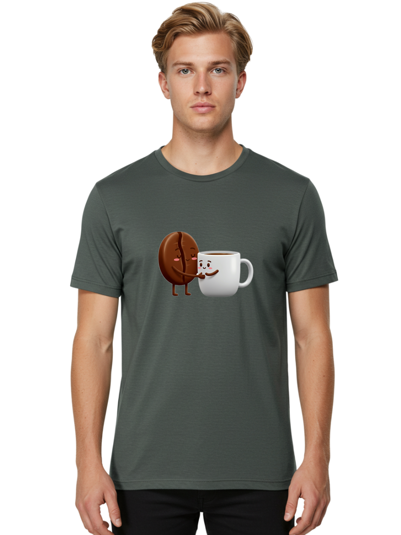 Coffee-Kissing Men'S Graphic Tee, 100% Cotton, Comfortable Casual Summer Wear, Machine Washable, Cartoon Cookie, Coffee Mug, Anthropomorphic Characters, Smiling Faces, Friendly Interaction, Chocolate Cookie, Coffee Drink, Bab802
