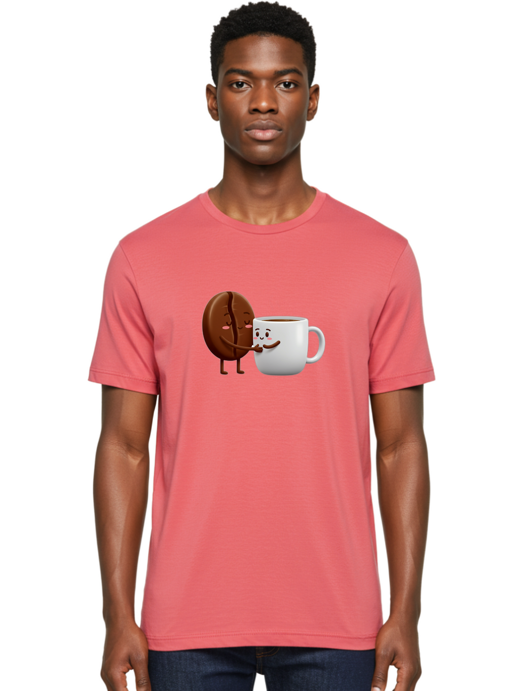 Coffee-Kissing Men'S Graphic Tee, 100% Cotton, Comfortable Casual Summer Wear, Machine Washable, Cartoon Cookie, Coffee Mug, Anthropomorphic Characters, Smiling Faces, Friendly Interaction, Chocolate Cookie, Coffee Drink, Bab802