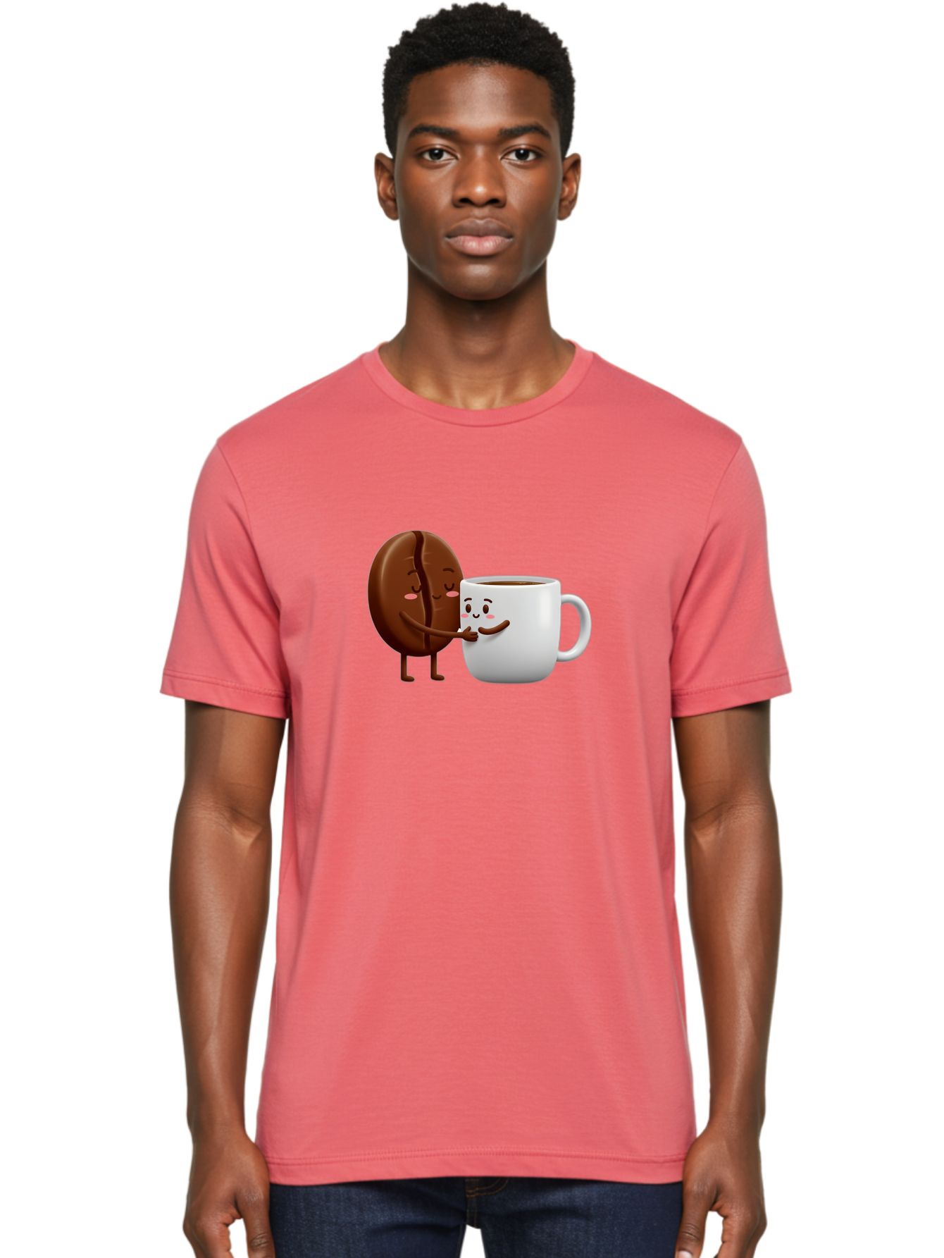 Coffee-Kissing Men'S Graphic Tee, 100% Cotton, Comfortable Casual Summer Wear, Machine Washable, Cartoon Cookie, Coffee Mug, Anthropomorphic Characters, Smiling Faces, Friendly Interaction, Chocolate Cookie, Coffee Drink, Bab802