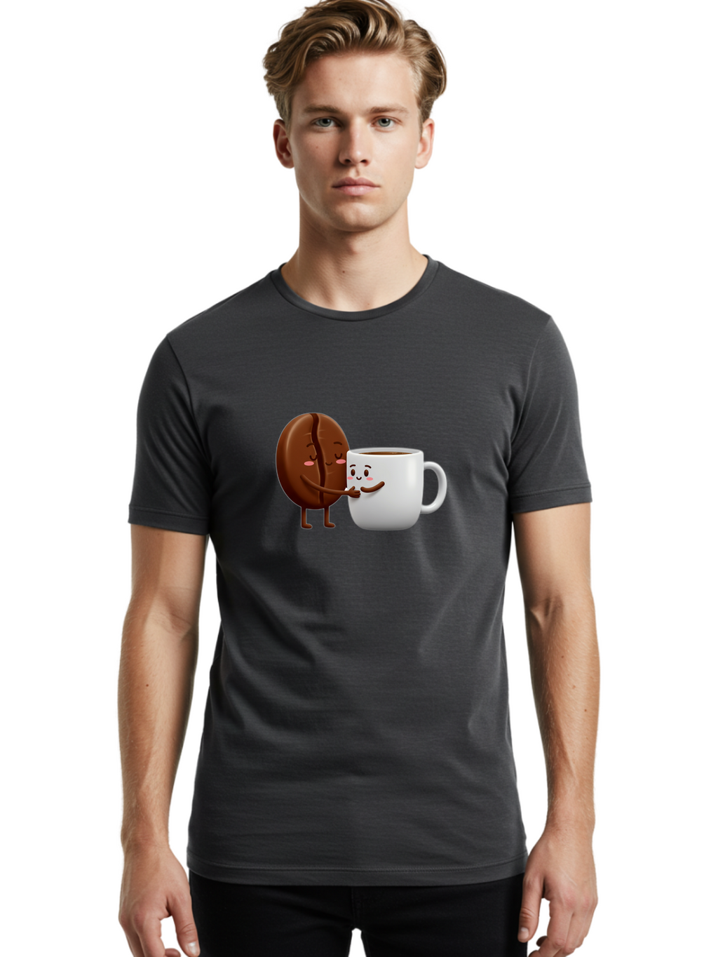 Coffee-Kissing Men'S Graphic Tee, 100% Cotton, Comfortable Casual Summer Wear, Machine Washable, Cartoon Cookie, Coffee Mug, Anthropomorphic Characters, Smiling Faces, Friendly Interaction, Chocolate Cookie, Coffee Drink, Bab802