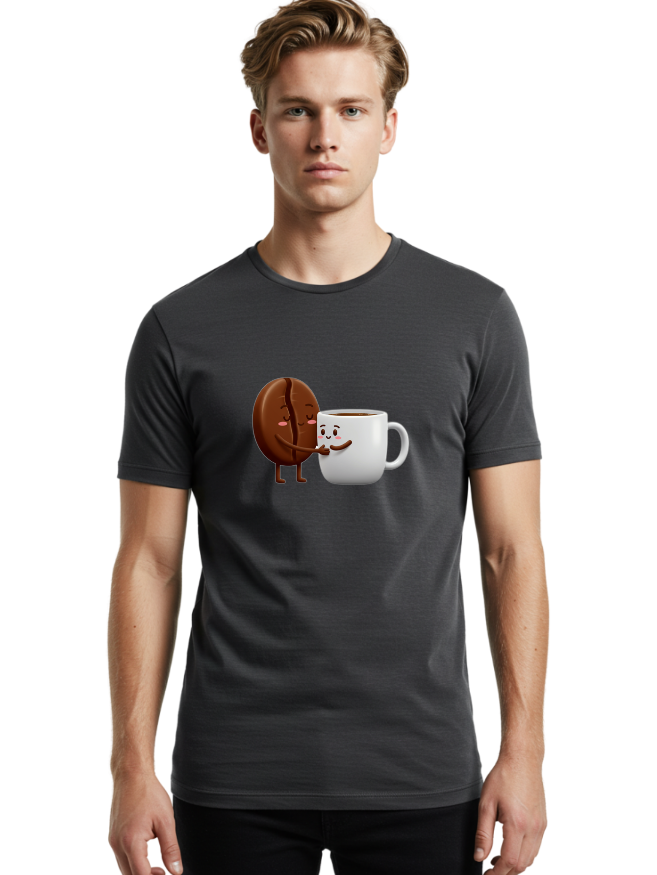 Coffee-Kissing Men'S Graphic Tee, 100% Cotton, Comfortable Casual Summer Wear, Machine Washable, Cartoon Cookie, Coffee Mug, Anthropomorphic Characters, Smiling Faces, Friendly Interaction, Chocolate Cookie, Coffee Drink, Bab802