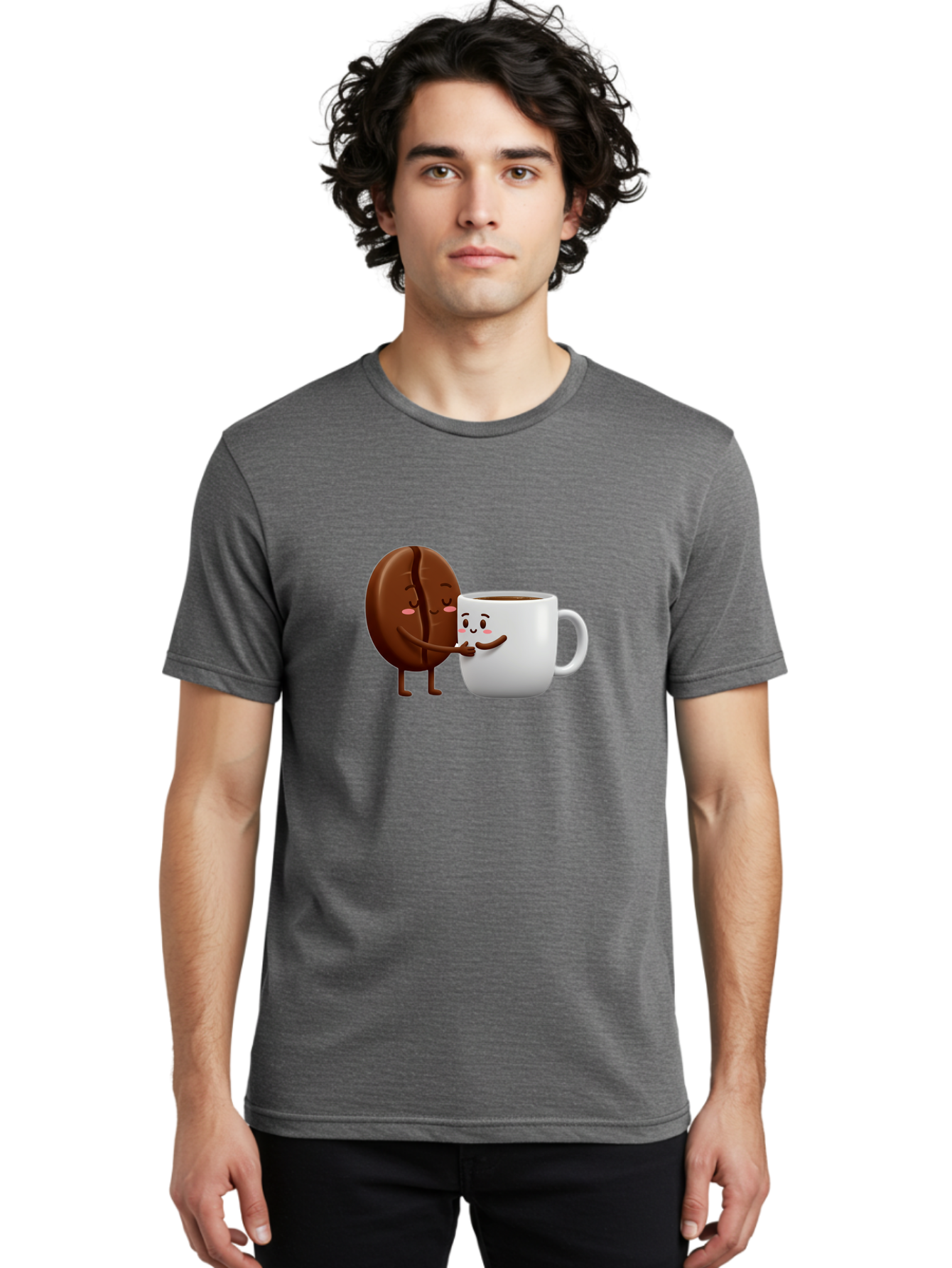 Coffee-Kissing Men'S Graphic Tee, 100% Cotton, Comfortable Casual Summer Wear, Machine Washable, Cartoon Cookie, Coffee Mug, Anthropomorphic Characters, Smiling Faces, Friendly Interaction, Chocolate Cookie, Coffee Drink, Bab802