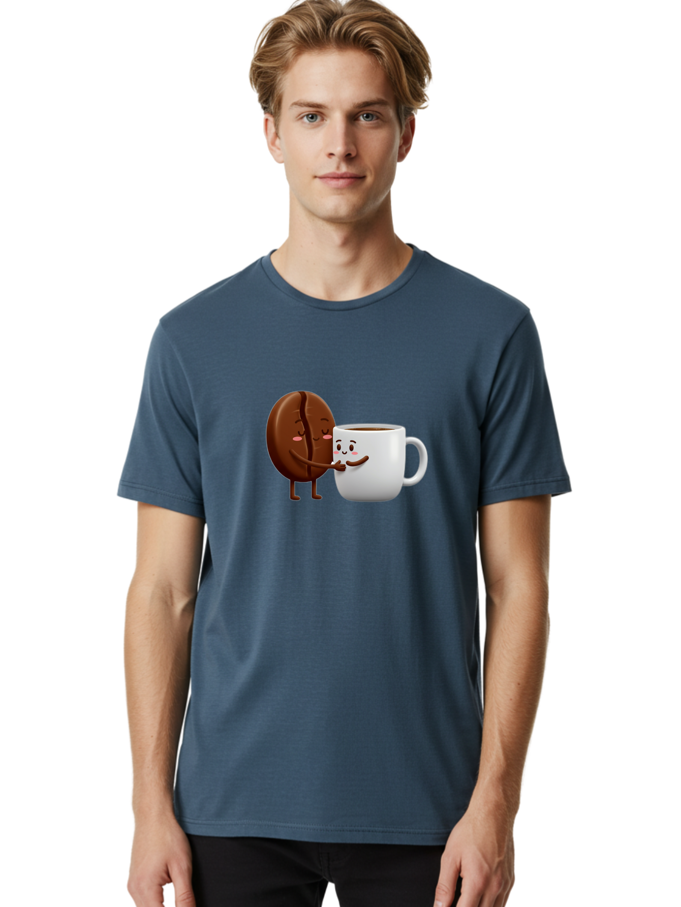 Coffee-Kissing Men'S Graphic Tee, 100% Cotton, Comfortable Casual Summer Wear, Machine Washable, Cartoon Cookie, Coffee Mug, Anthropomorphic Characters, Smiling Faces, Friendly Interaction, Chocolate Cookie, Coffee Drink, Bab802
