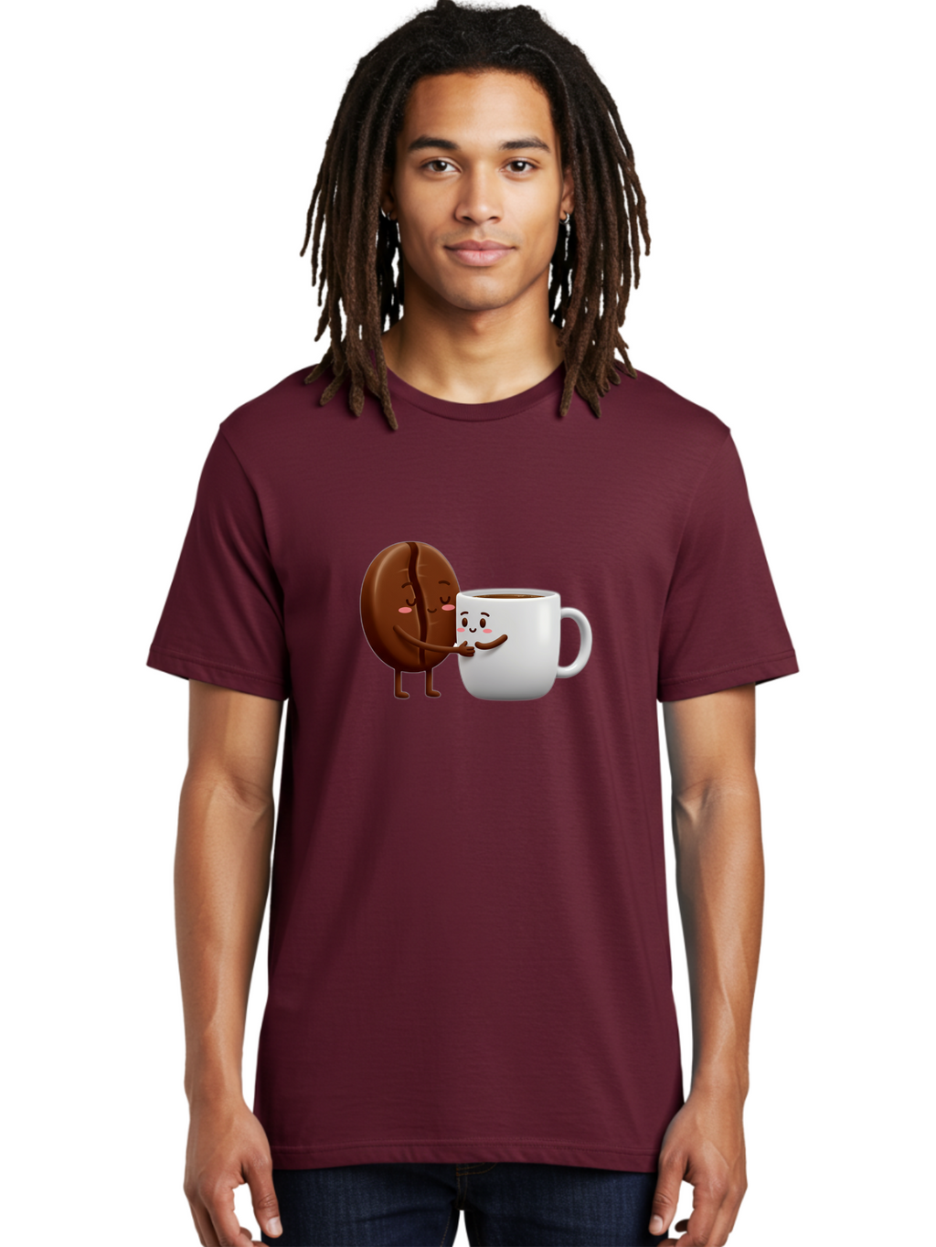 Coffee-Kissing Men'S Graphic Tee, 100% Cotton, Comfortable Casual Summer Wear, Machine Washable, Cartoon Cookie, Coffee Mug, Anthropomorphic Characters, Smiling Faces, Friendly Interaction, Chocolate Cookie, Coffee Drink, Bab802