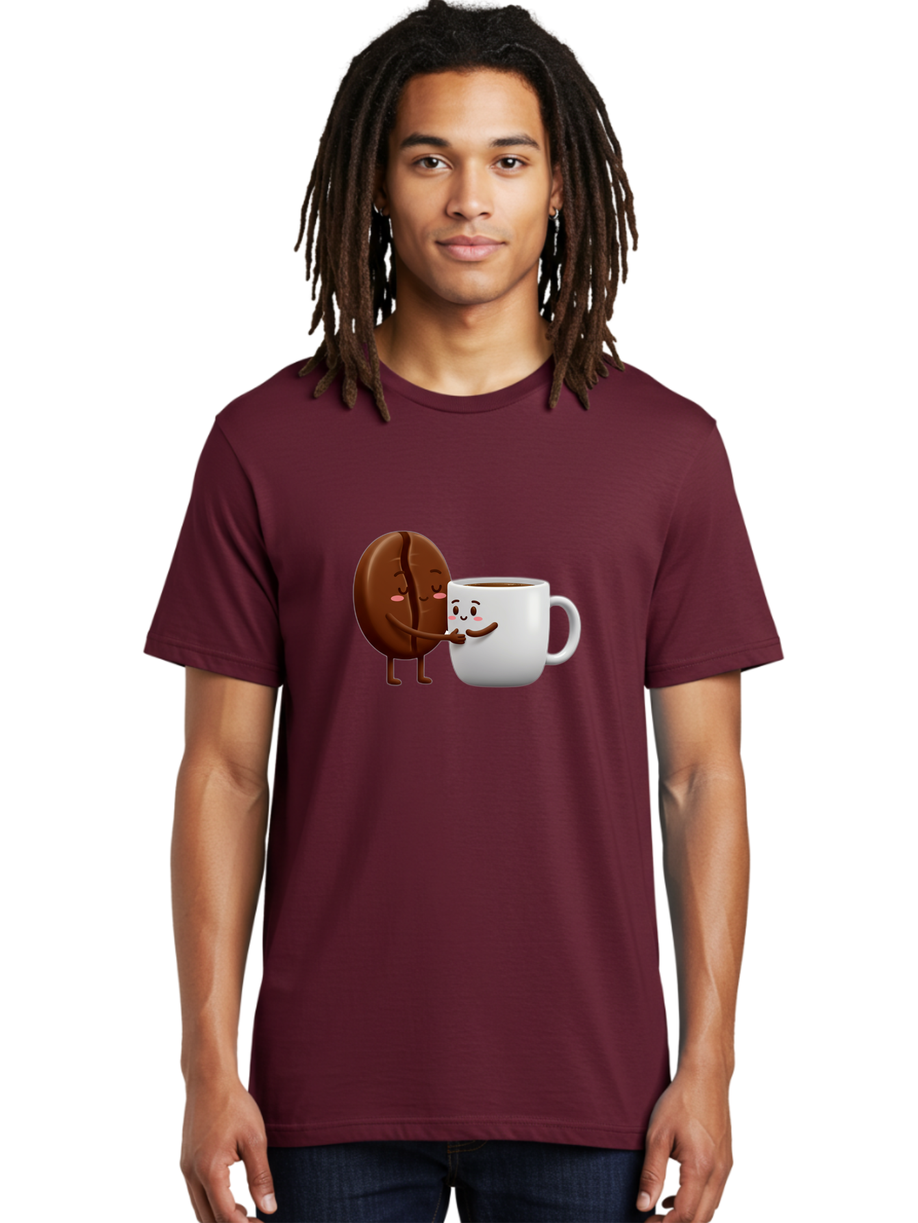 Coffee-Kissing Men'S Graphic Tee, 100% Cotton, Comfortable Casual Summer Wear, Machine Washable, Cartoon Cookie, Coffee Mug, Anthropomorphic Characters, Smiling Faces, Friendly Interaction, Chocolate Cookie, Coffee Drink, Bab802