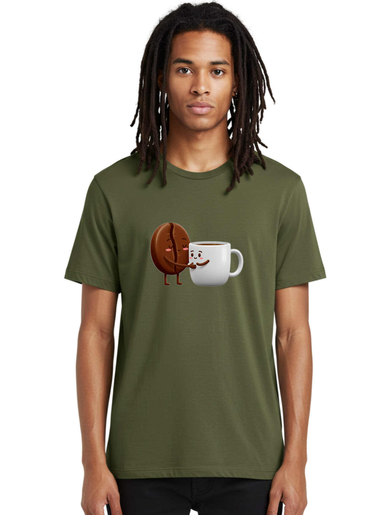 Coffee-Kissing Men'S Graphic Tee, 100% Cotton, Comfortable Casual Summer Wear, Machine Washable, Cartoon Cookie, Coffee Mug, Anthropomorphic Characters, Smiling Faces, Friendly Interaction, Chocolate Cookie, Coffee Drink, Bab802