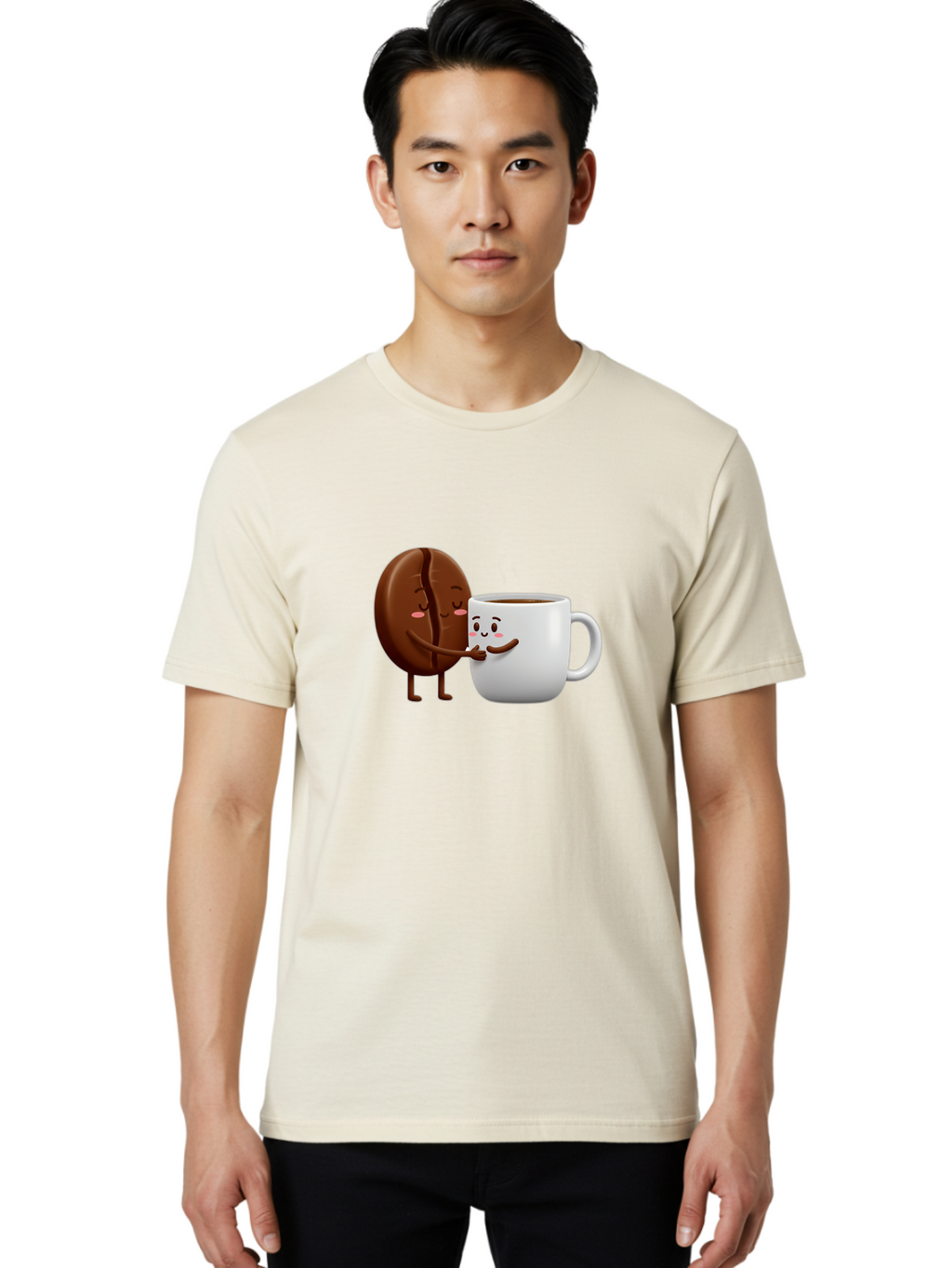 Coffee-Kissing Men'S Graphic Tee, 100% Cotton, Comfortable Casual Summer Wear, Machine Washable, Cartoon Cookie, Coffee Mug, Anthropomorphic Characters, Smiling Faces, Friendly Interaction, Chocolate Cookie, Coffee Drink, Bab802