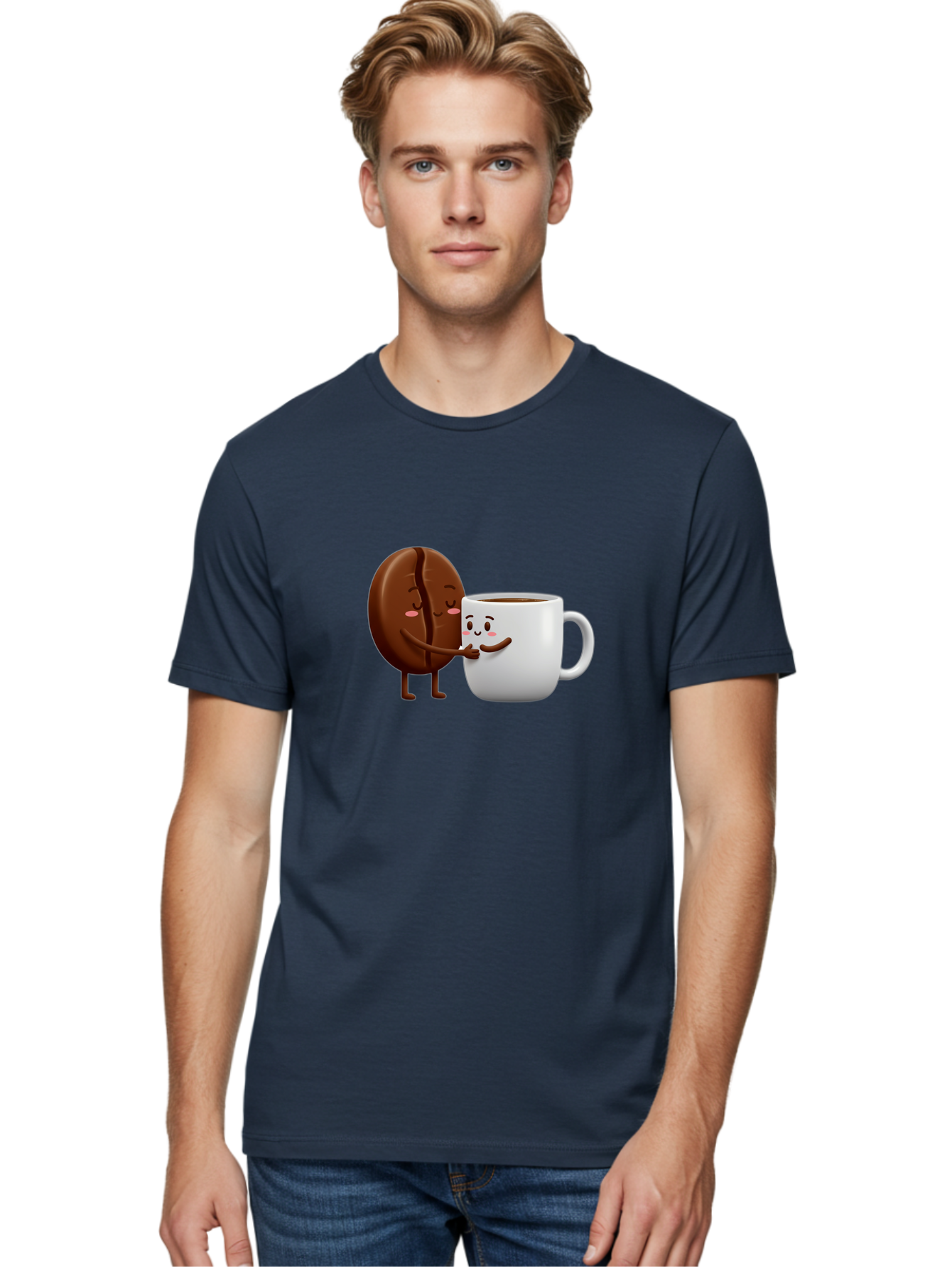 Coffee-Kissing Men'S Graphic Tee, 100% Cotton, Comfortable Casual Summer Wear, Machine Washable, Cartoon Cookie, Coffee Mug, Anthropomorphic Characters, Smiling Faces, Friendly Interaction, Chocolate Cookie, Coffee Drink, Bab802